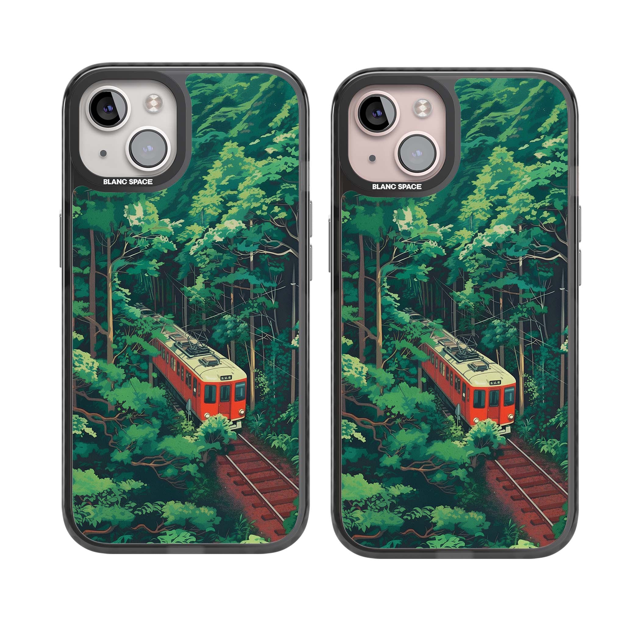 Railway In Toyama Japanese iPhone case featuring a red train, cedar forest and winding mountain railway tracks | Black Impact case for iPhone 13, iPhone 14, iPhone 15
