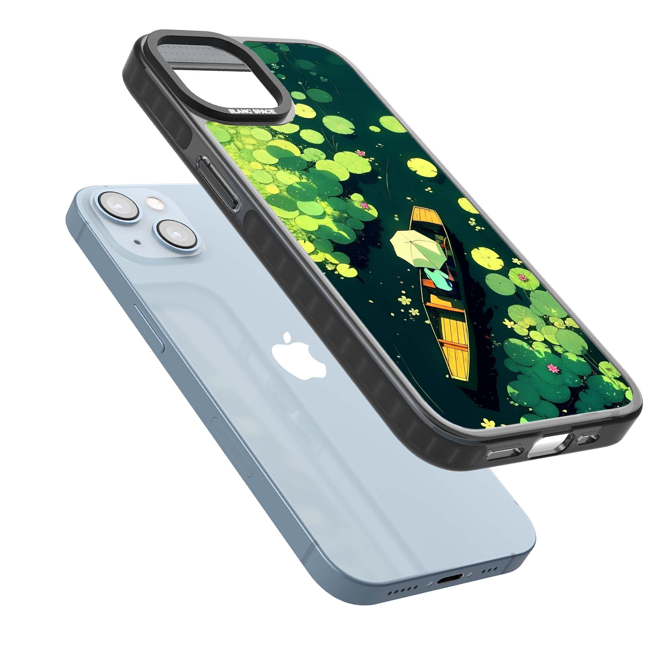 Jade Waters cottagecore iPhone case featuring a painted lily pond, wooden boat with parasol and floating water lilies | Black Impact case for iPhone 13, iPhone 14, iPhone 15