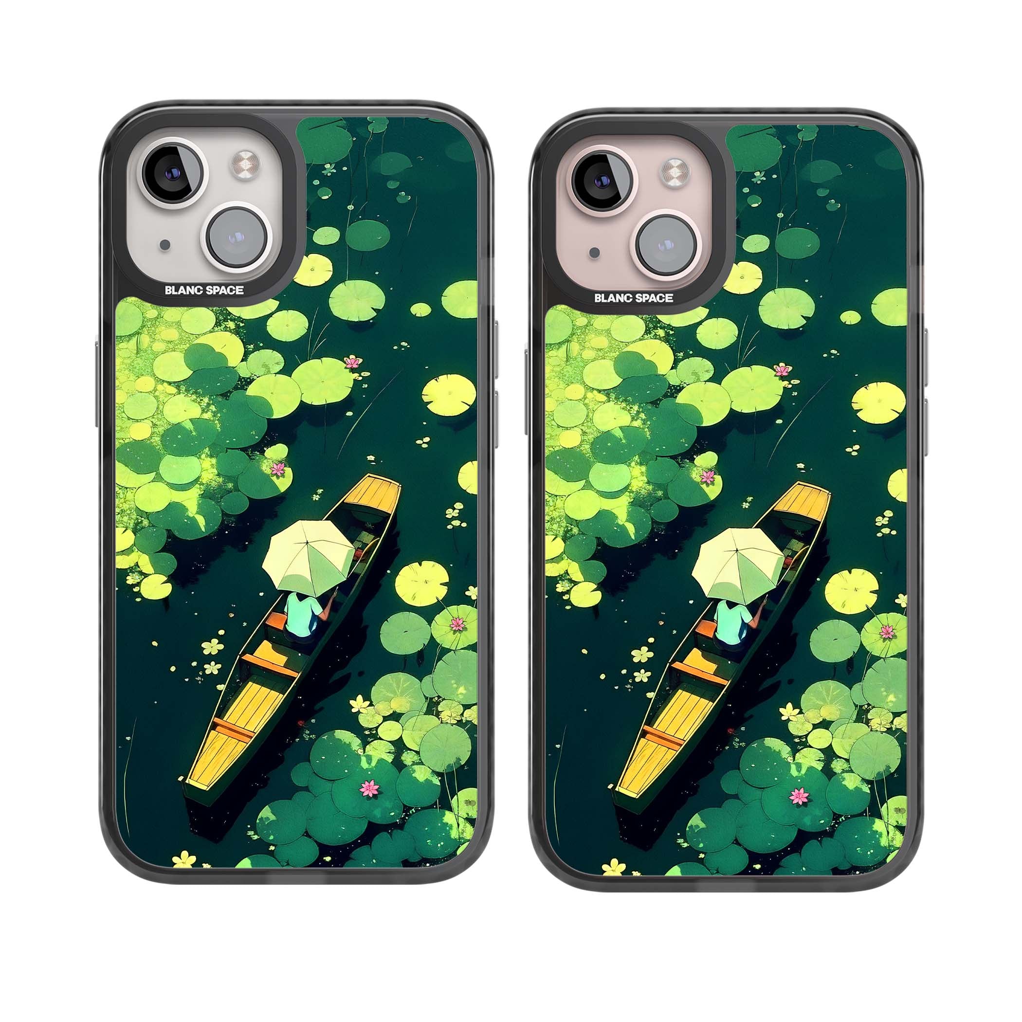 Jade Waters cottagecore iPhone case featuring a painted lily pond, wooden boat with parasol and floating water lilies | Black Impact case for iPhone 13, iPhone 14, iPhone 15