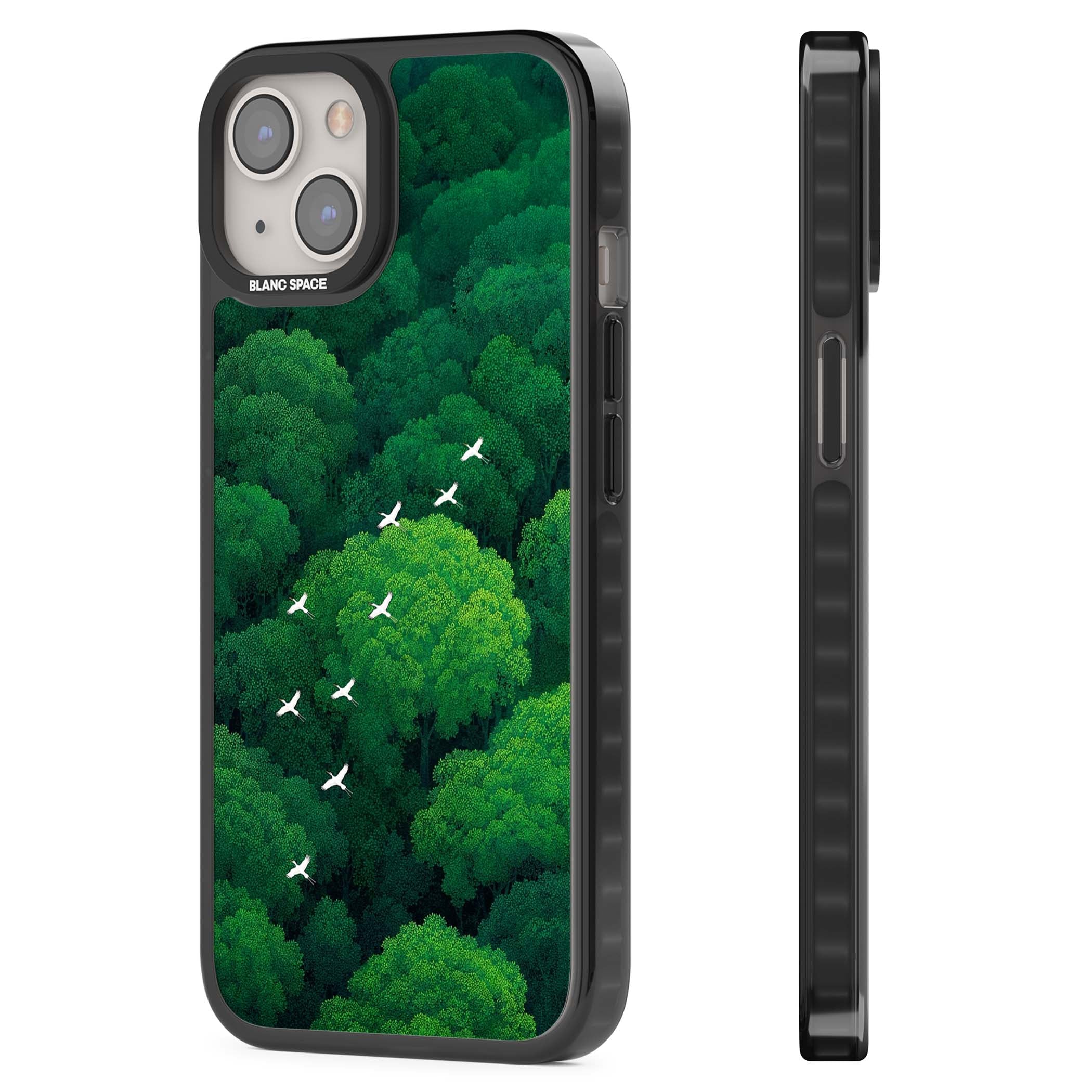 Grove Migration forest iPhone case featuring white cranes flying over lush green treetop canopy | Black Impact case for iPhone 13, iPhone 14, iPhone 15