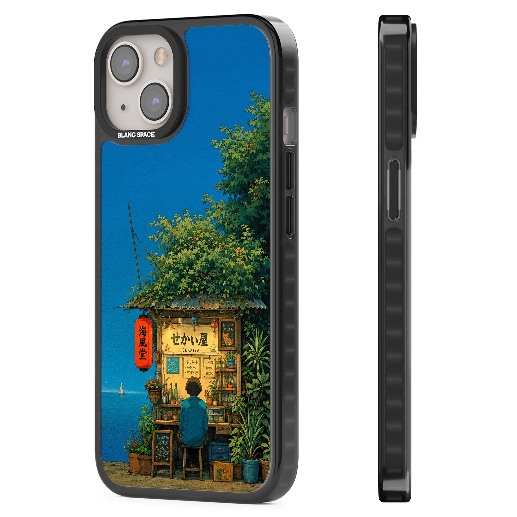 The Shirahama Kiosk anime iPhone case featuring a Japanese seaside shop, red paper lantern and ocean view | Black Impact case for iPhone 13, iPhone 14, iPhone 15