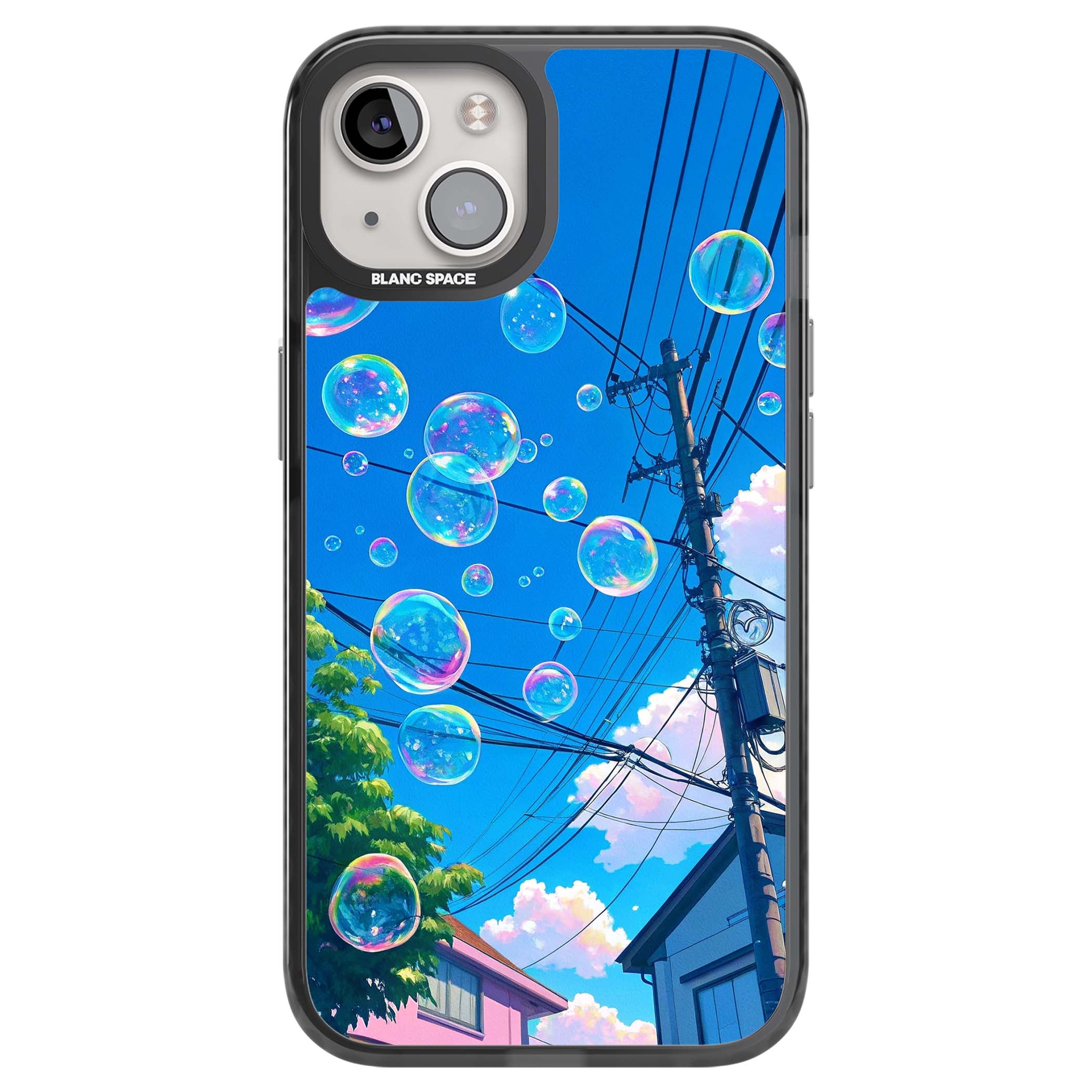 Suburban Bubbles anime iPhone case featuring iridescent soap bubbles, blue sky and Japanese telephone wires | Black Impact case for iPhone 13, iPhone 14, iPhone 15