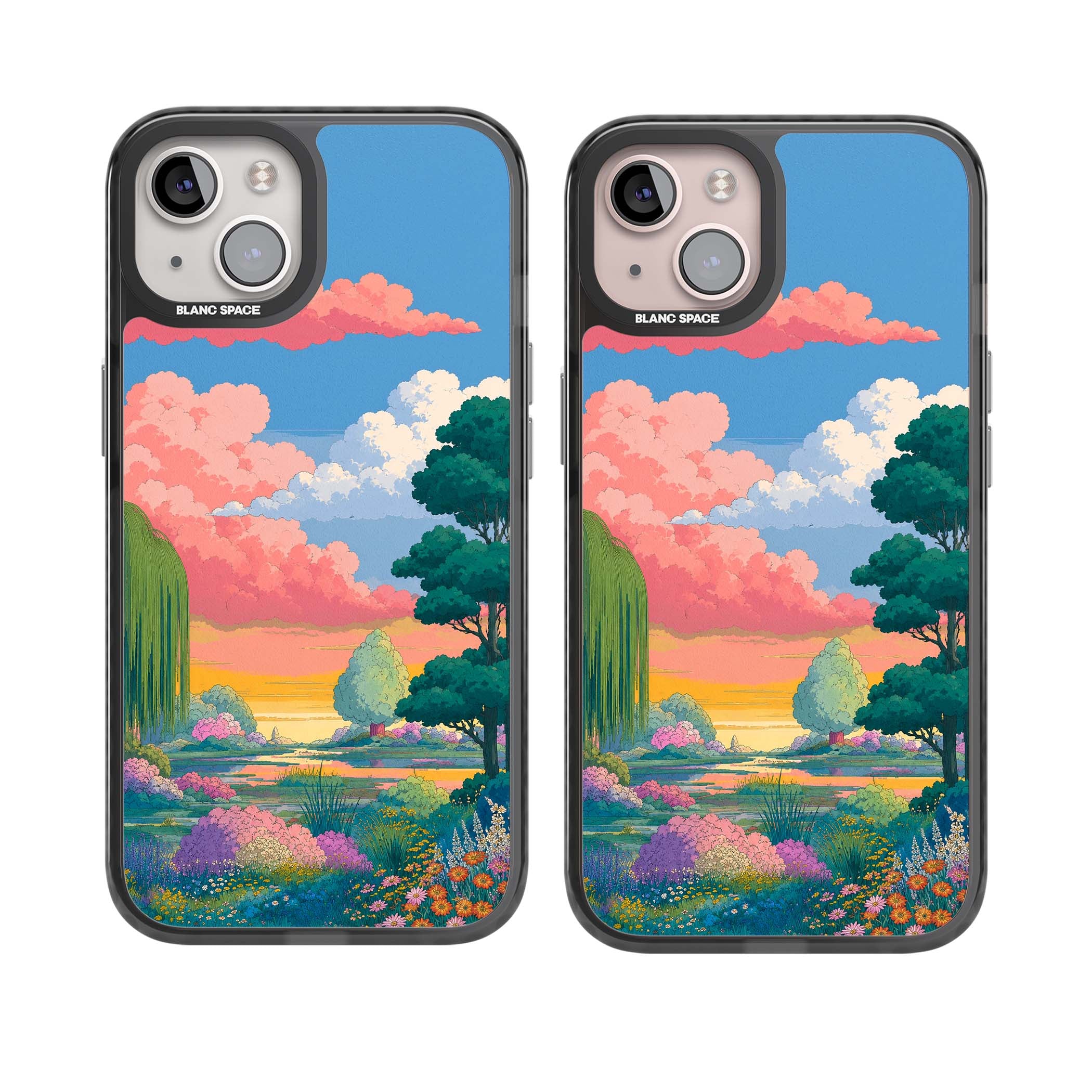 Dream Valley anime landscape iPhone case featuring pink sunset clouds, willow trees and wildflowers | Black Impact case for iPhone 13, iPhone 14, iPhone 15