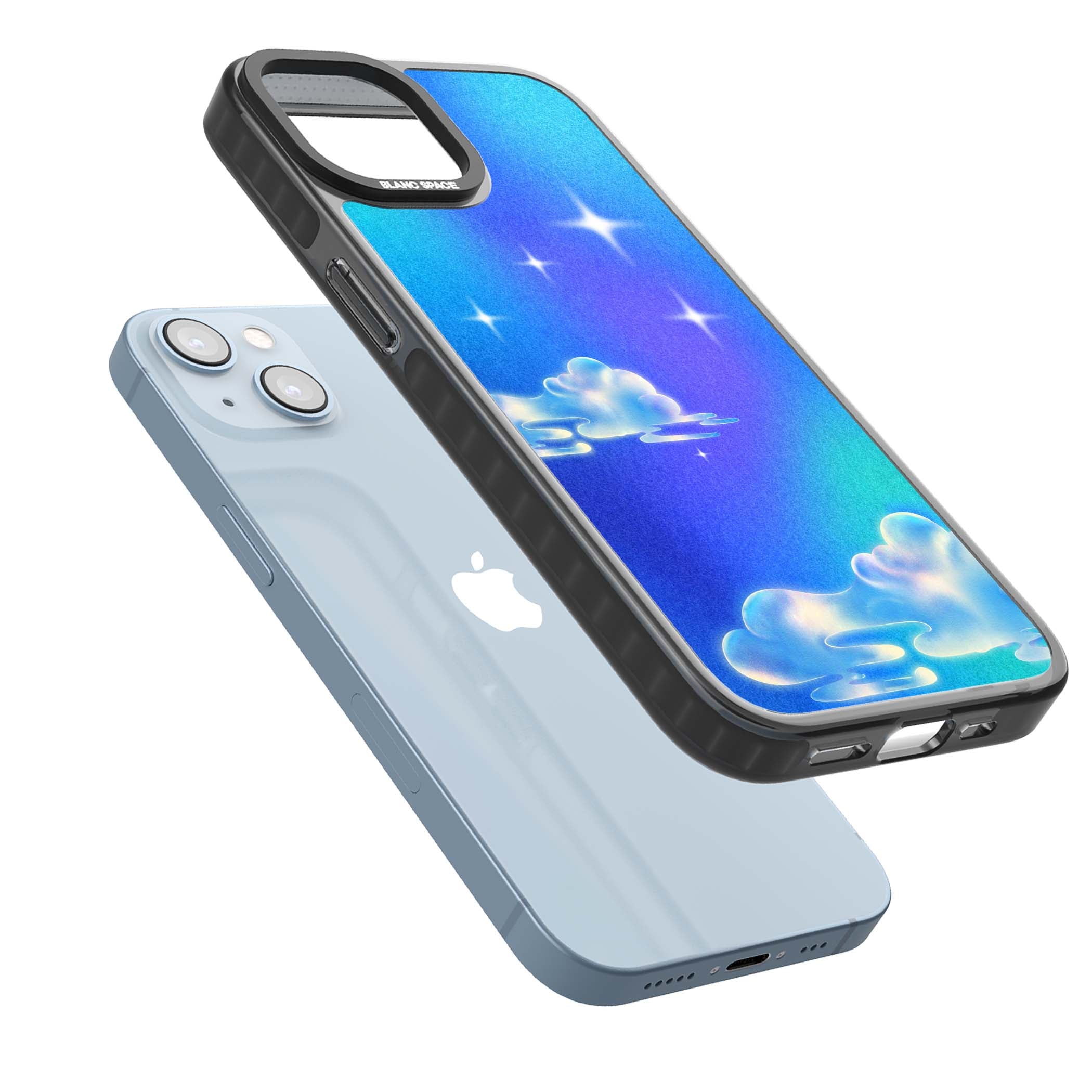 Aurora celestial iPhone case featuring dreamy iridescent clouds, sparkling stars and pastel blue purple sky | Black Impact case for iPhone 13, iPhone 14, iPhone 15