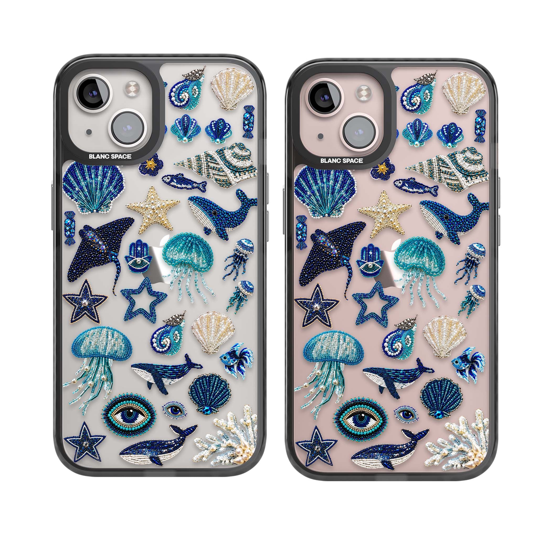 Beaded Coastal coastal iPhone case featuring embroidered seashells, jellyfish and a blue whale on clear | Black Impact case for iPhone 13, iPhone 14, iPhone 15