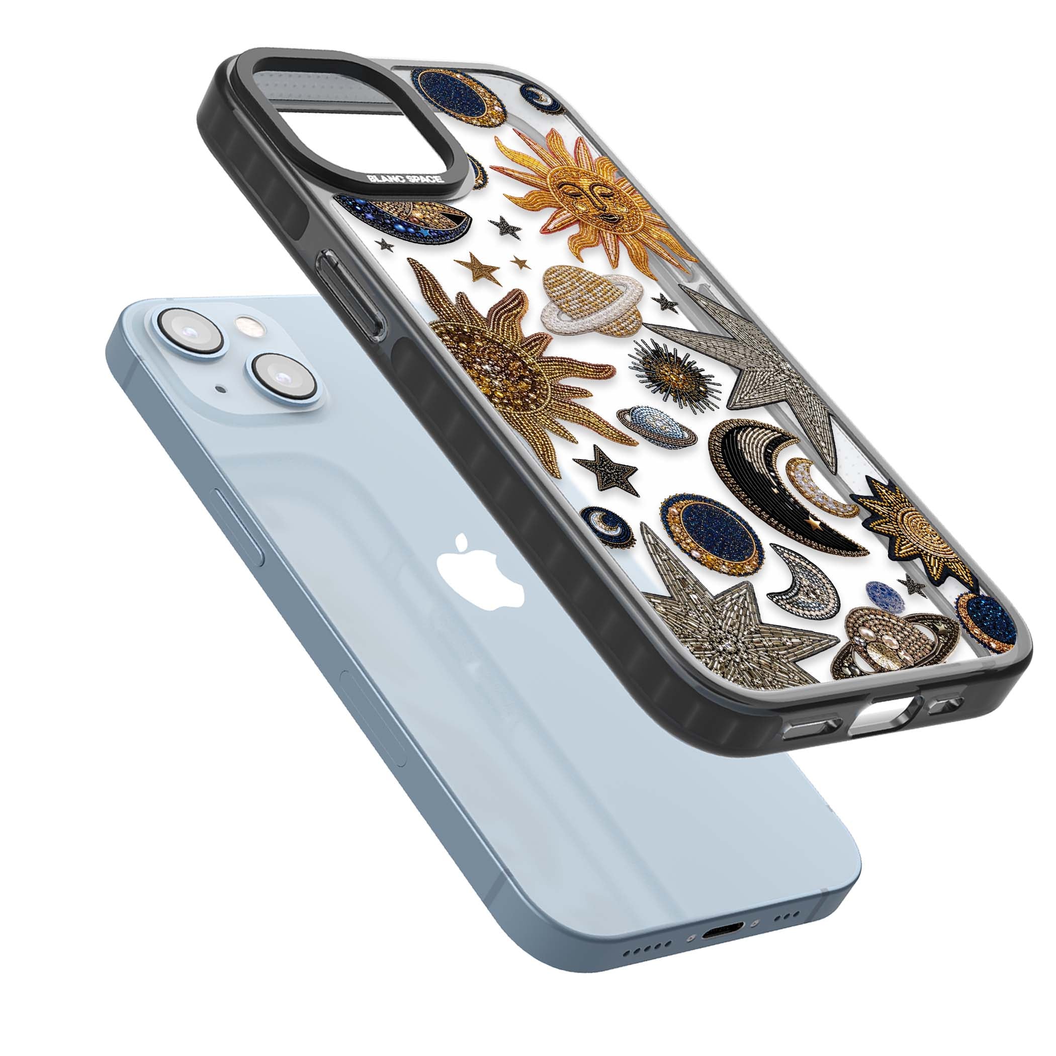 Beaded Cosmos celestial iPhone case featuring embroidered golden suns, beaded planets and silver shooting stars | Black Impact case for iPhone 13, iPhone 14, iPhone 15