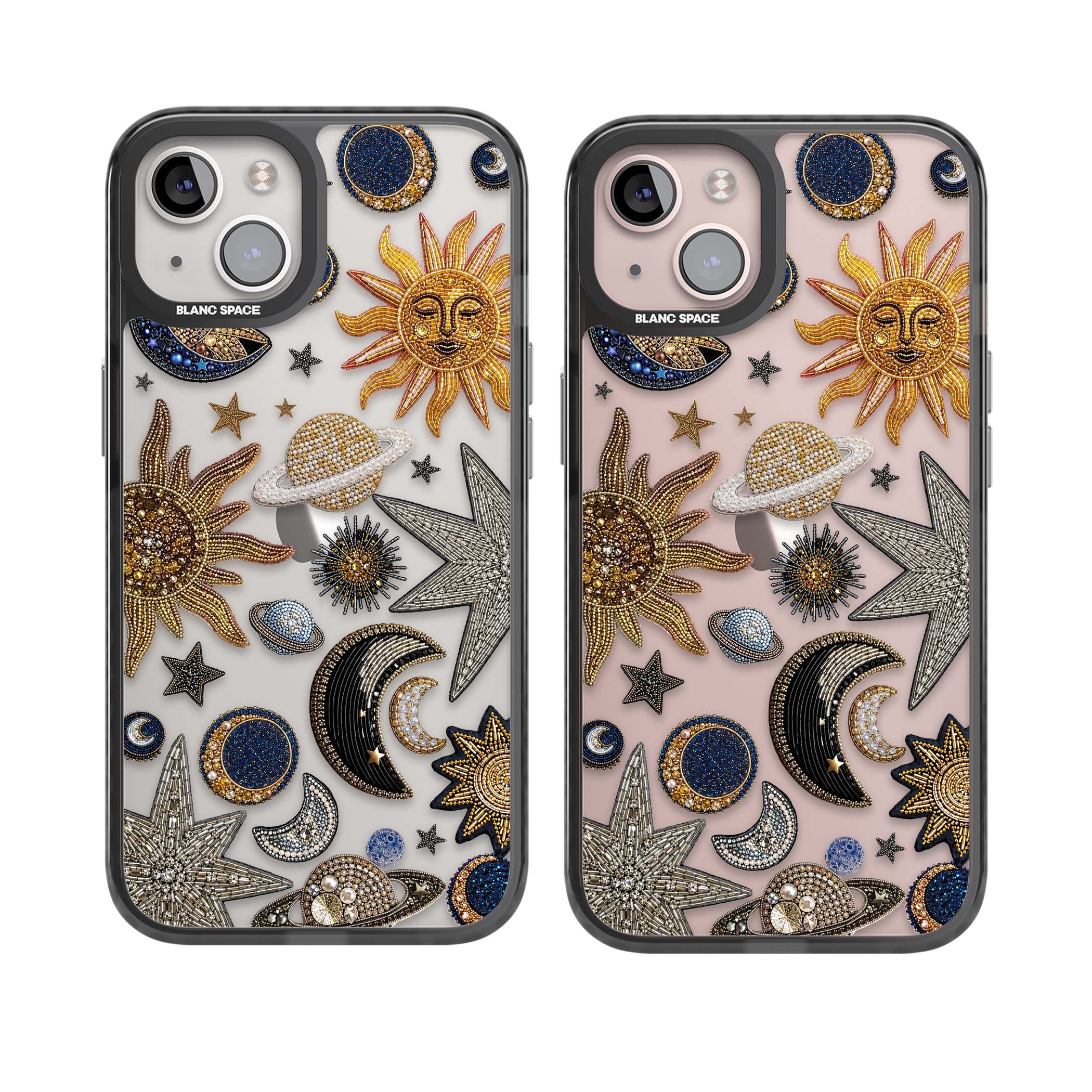 Beaded Cosmos celestial iPhone case featuring embroidered golden suns, beaded planets and silver shooting stars | Black Impact case for iPhone 13, iPhone 14, iPhone 15