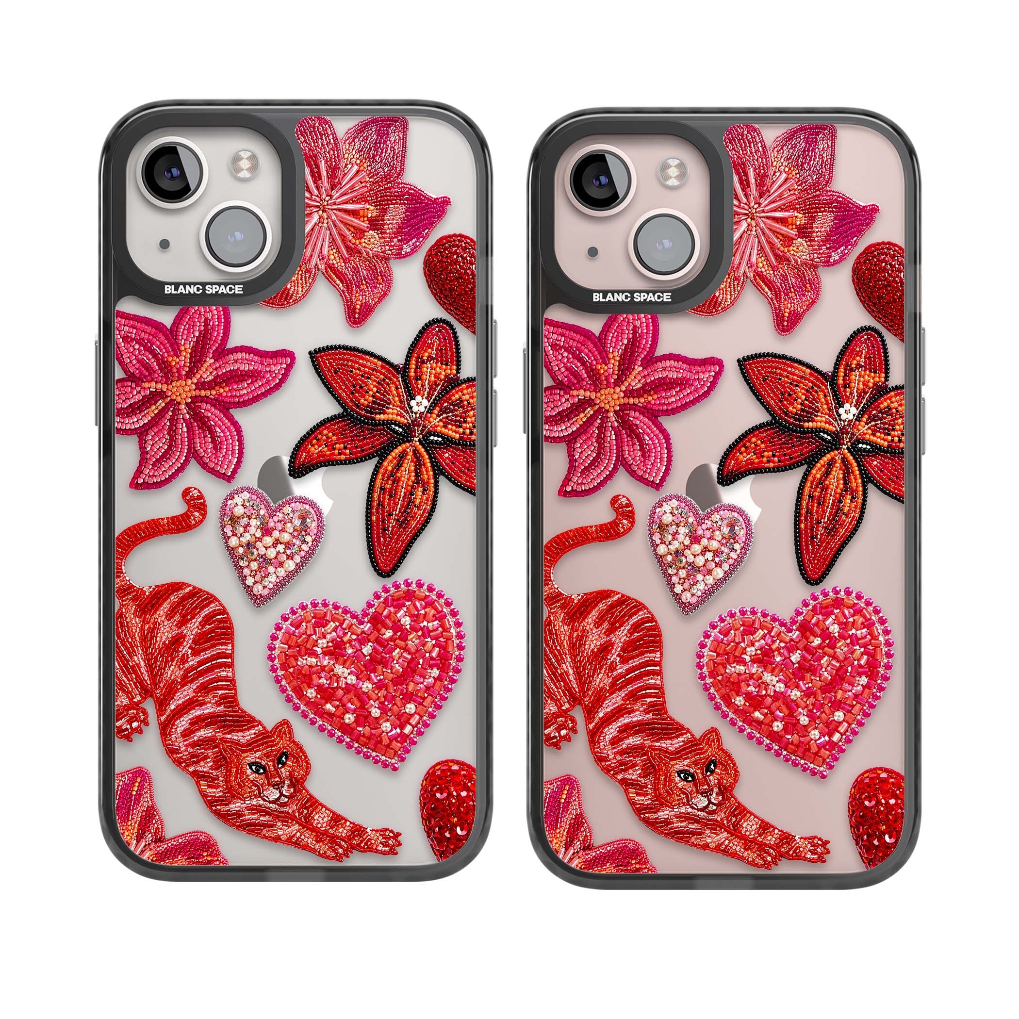 Beaded Boho floral iPhone case featuring beaded red lilies, a stitched tiger, and pearl-encrusted hearts on clear | Black Impact case for iPhone 13, iPhone 14, iPhone 15