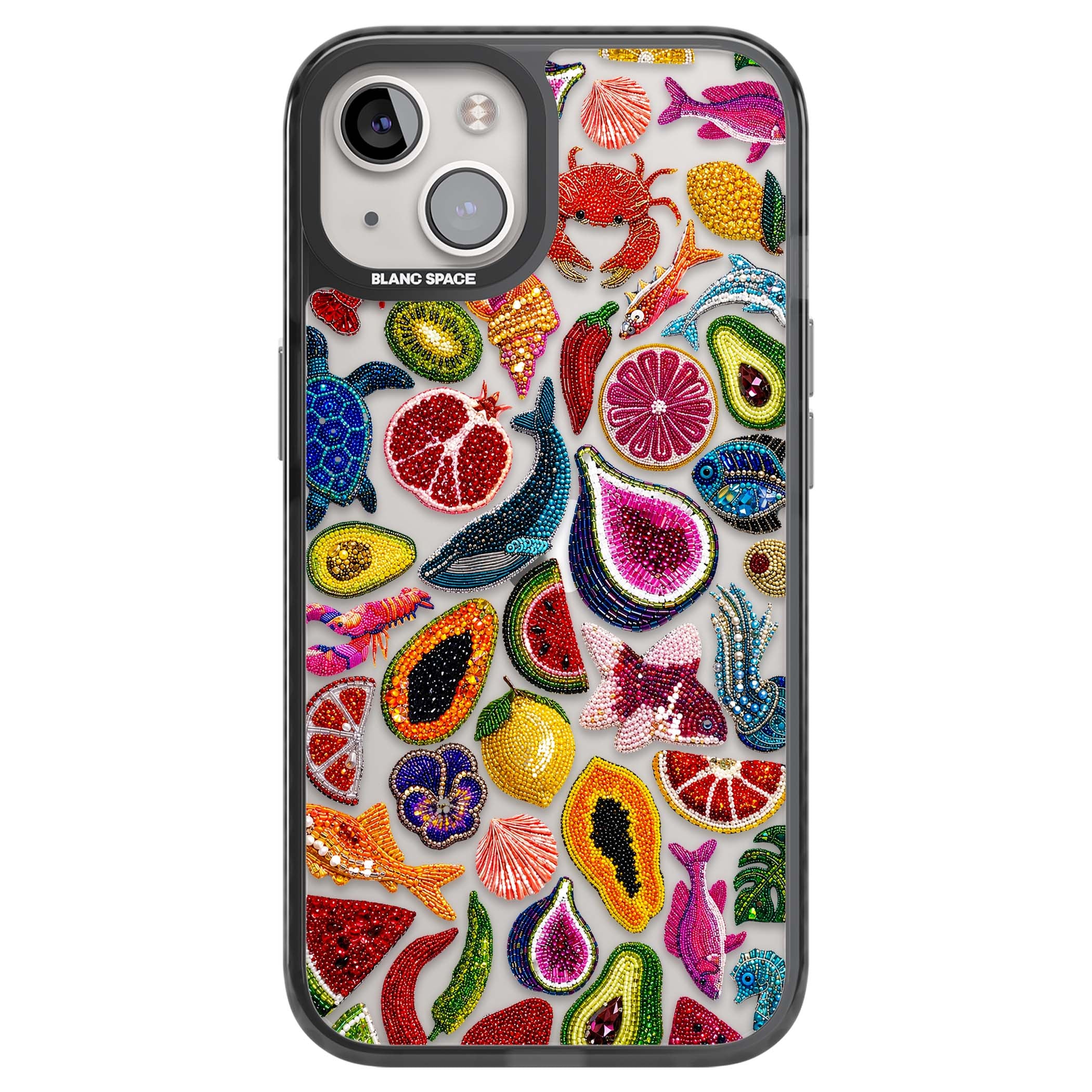 Beaded Tropic tropical iPhone case featuring beaded fruit, fish, crabs and seashells in vibrant colour | Black Impact case for iPhone 13, iPhone 14, iPhone 15