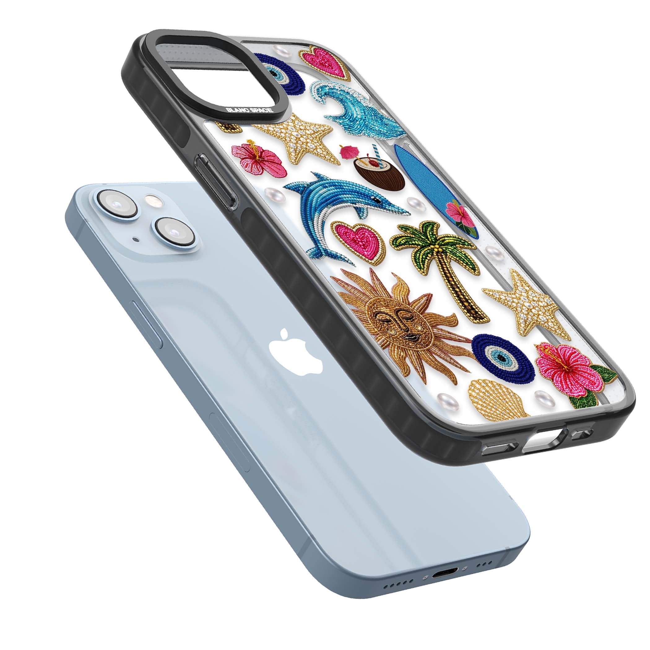 Beaded Beach coastal summer iPhone case featuring embroidered evil eye, hibiscus flowers, dolphin and palm tree patches | Black Impact case for iPhone 13, iPhone 14, iPhone 15