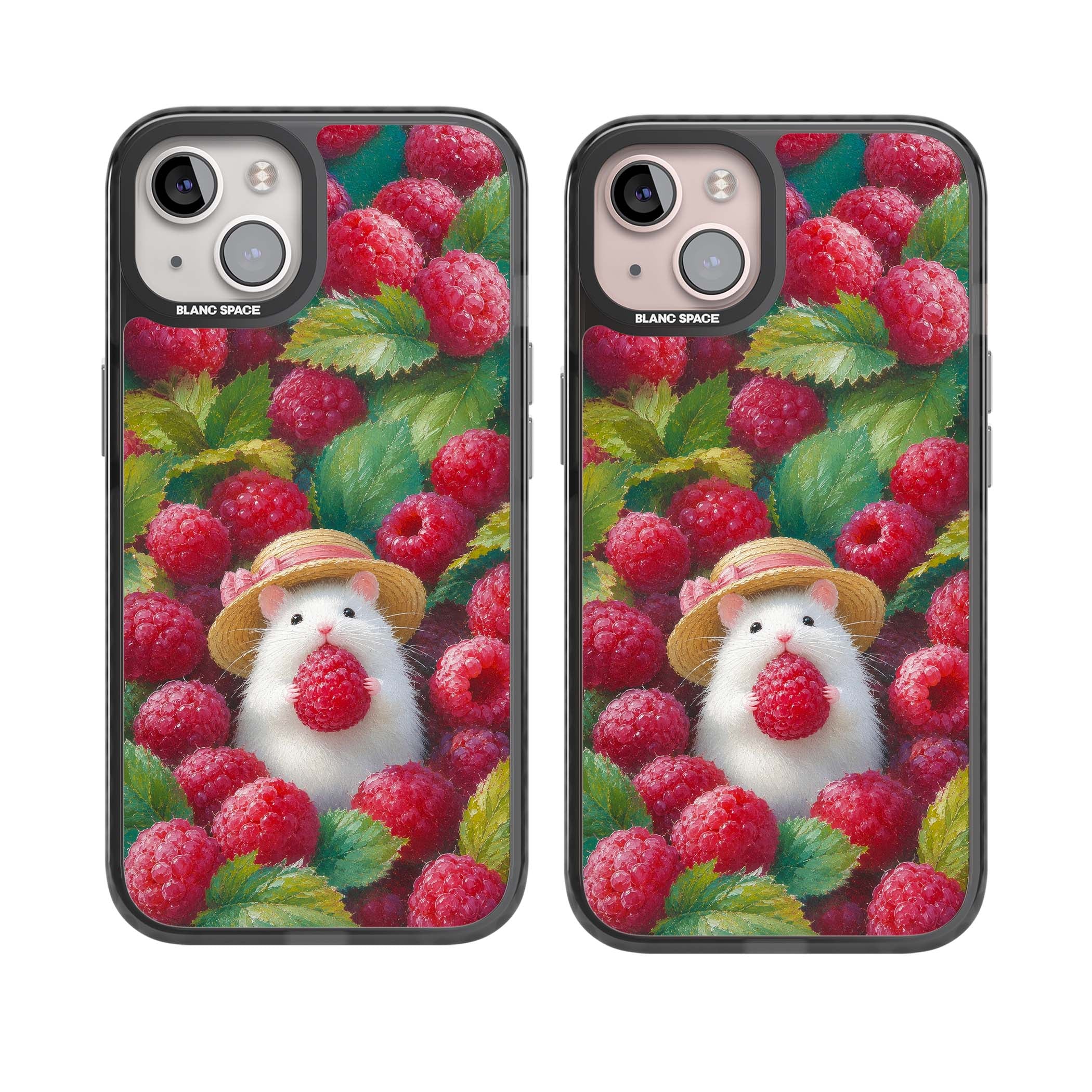 Berry Forager cottagecore iPhone case featuring a white hamster in a straw hat holding a raspberry surrounded by ripe ber | Black Impact case for iPhone 13, iPhone 14, iPhone 15