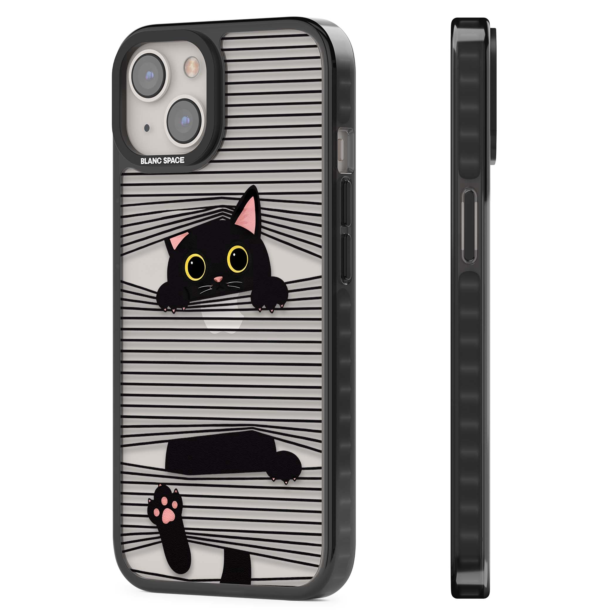Peek-a-Boo Cat minimal iPhone case featuring black cat peeking through horizontal black and white stripes | Black Impact case for iPhone 13, iPhone 14, iPhone 15