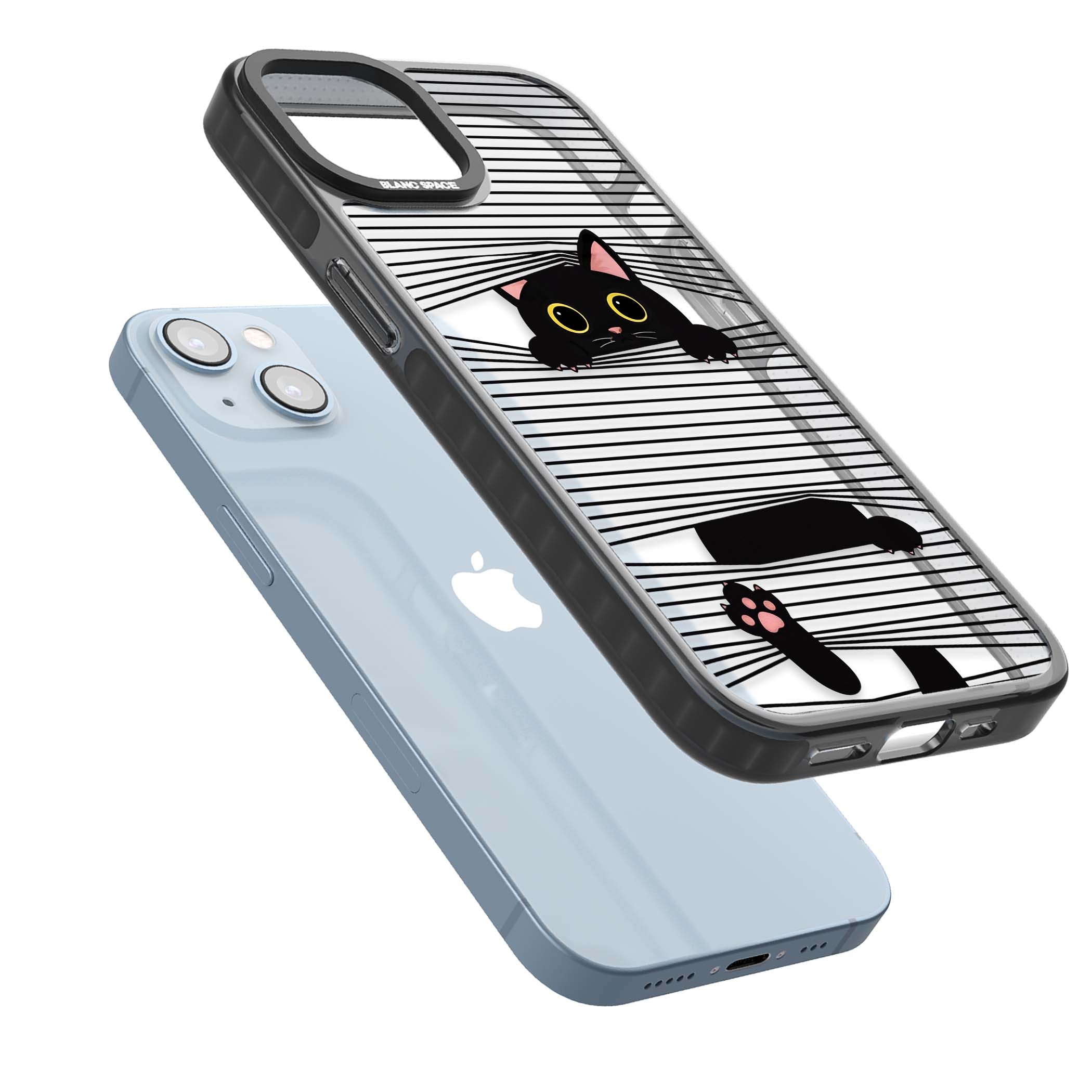 Peek-a-Boo Cat minimal iPhone case featuring black cat peeking through horizontal black and white stripes | Black Impact case for iPhone 13, iPhone 14, iPhone 15
