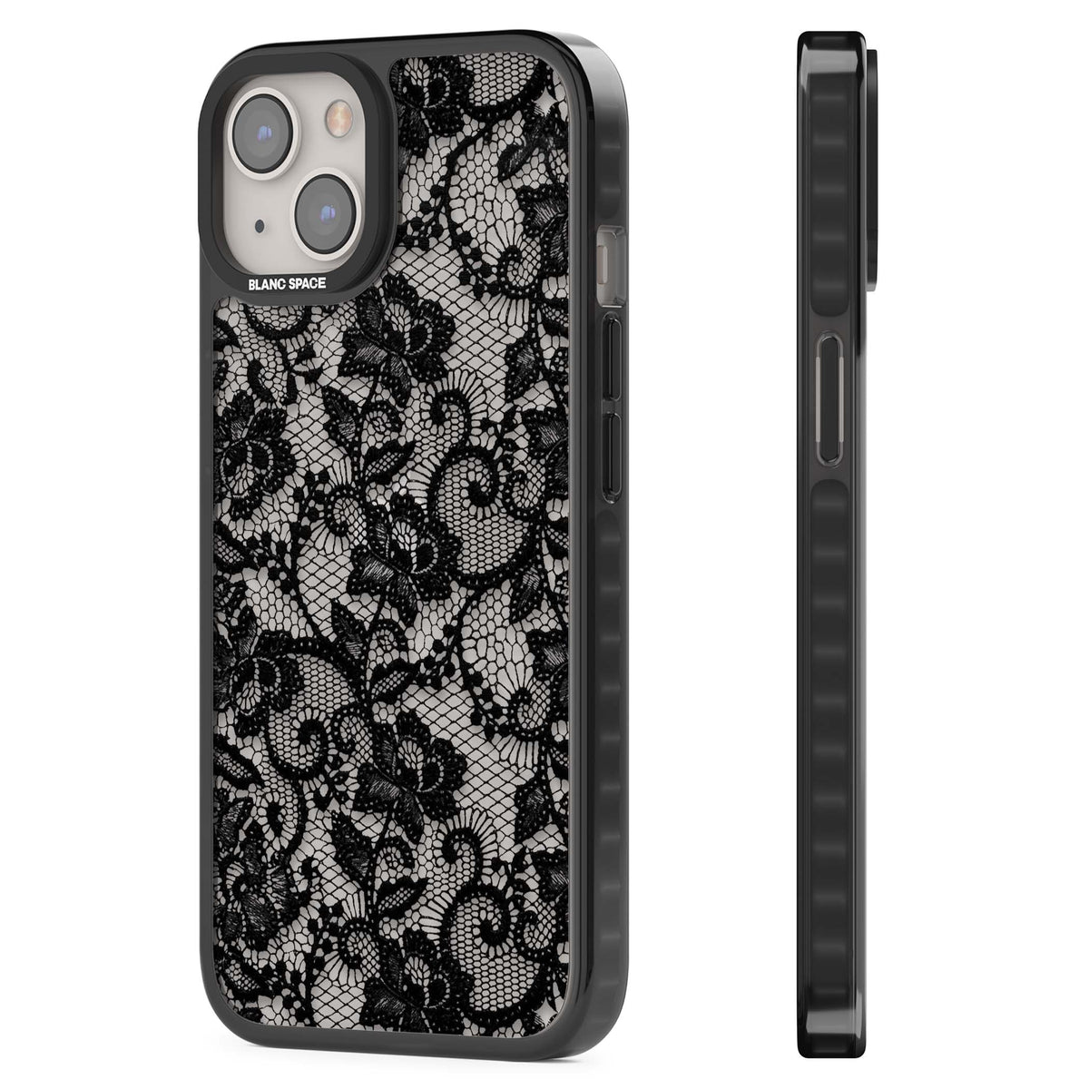 Black Lace gothic iPhone case featuring intricate black floral lace pattern with vintage whimsigoth detail | Black Impact case for iPhone 13, iPhone 14, iPhone 15