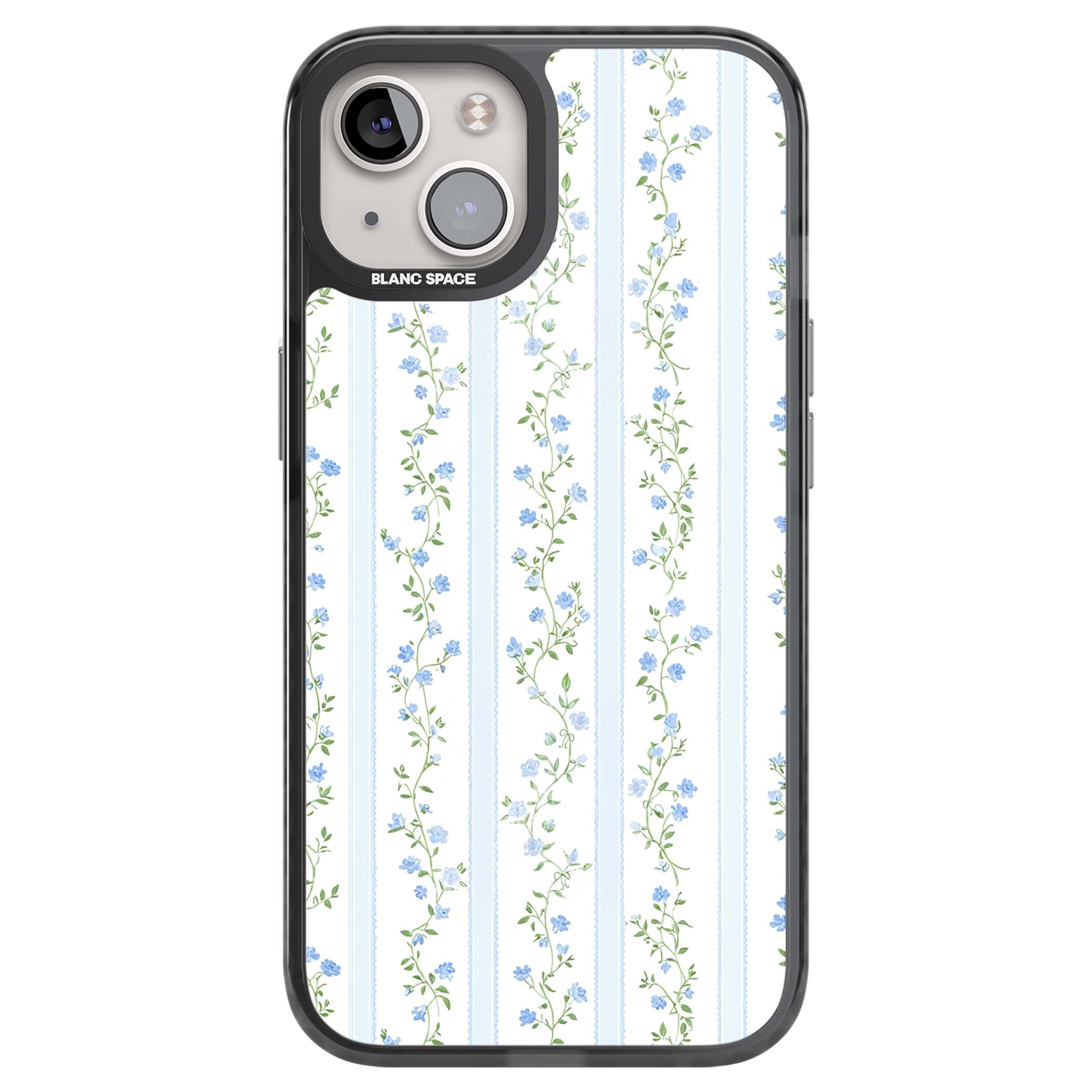 Bluebell Vine cottagecore iPhone case featuring climbing blue roses, trailing green vines, and pale ticking stripes | Black Impact case for iPhone 13, iPhone 14, iPhone 15