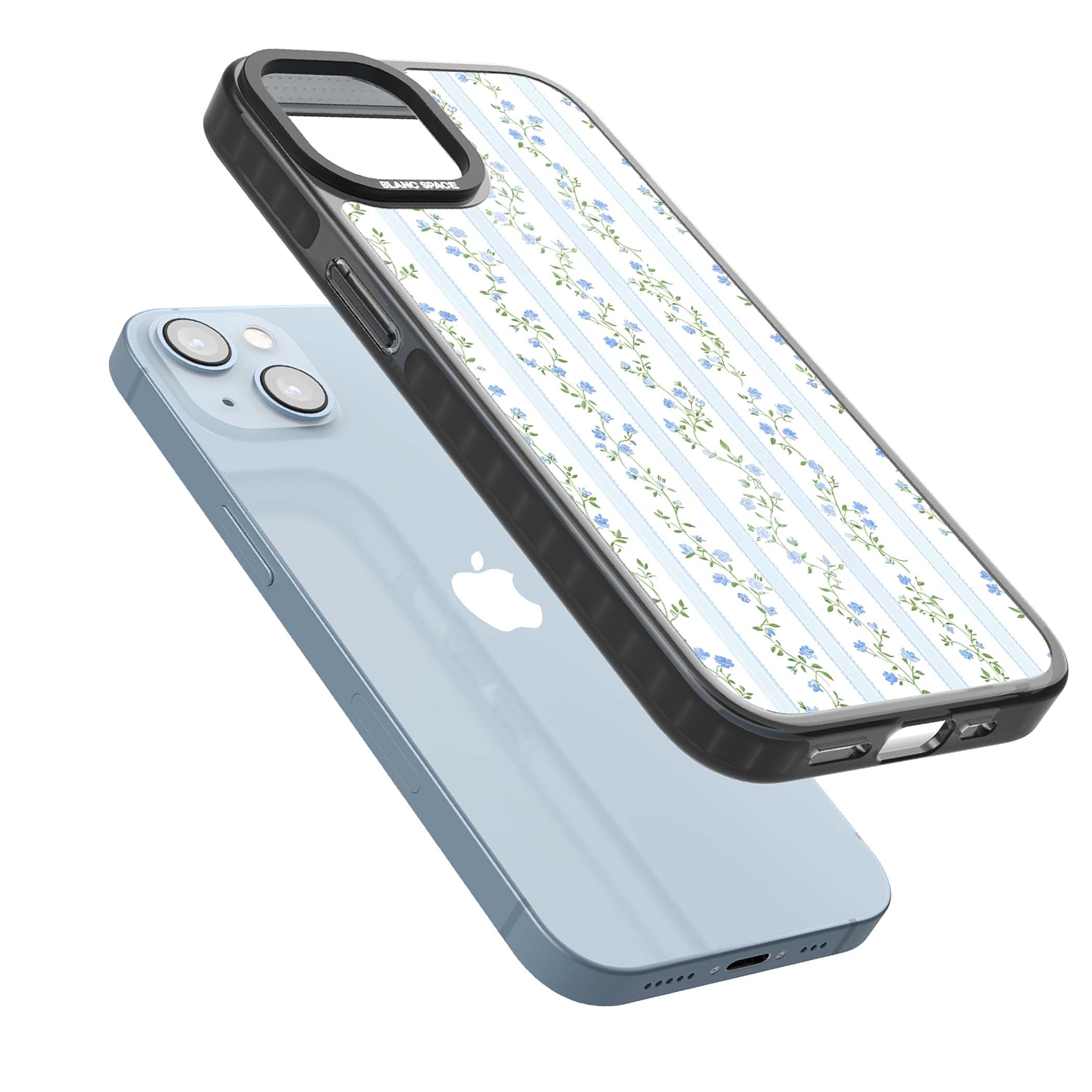 Bluebell Vine cottagecore iPhone case featuring climbing blue roses, trailing green vines, and pale ticking stripes | Black Impact case for iPhone 13, iPhone 14, iPhone 15