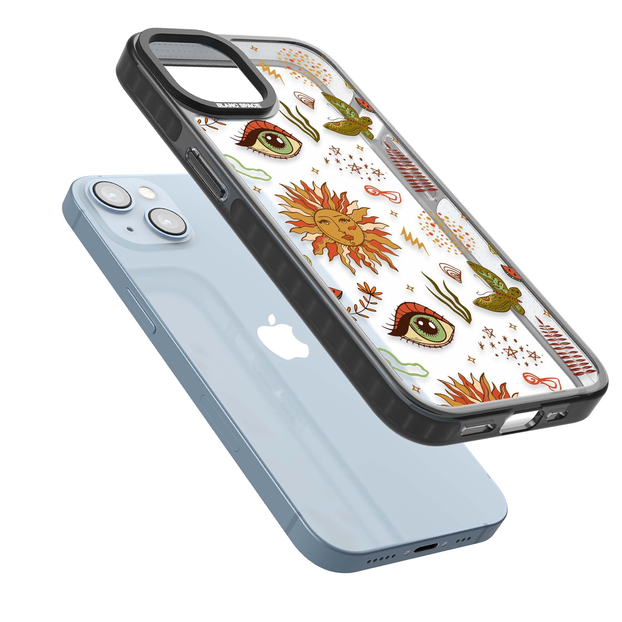 Elevate Your Phone'S Style With This Boho Celestial Sun & Eye Phone Case, Featuring A Mystical Blend Of Suns, All-Seeing Eyes, Butterflies, Stars, And