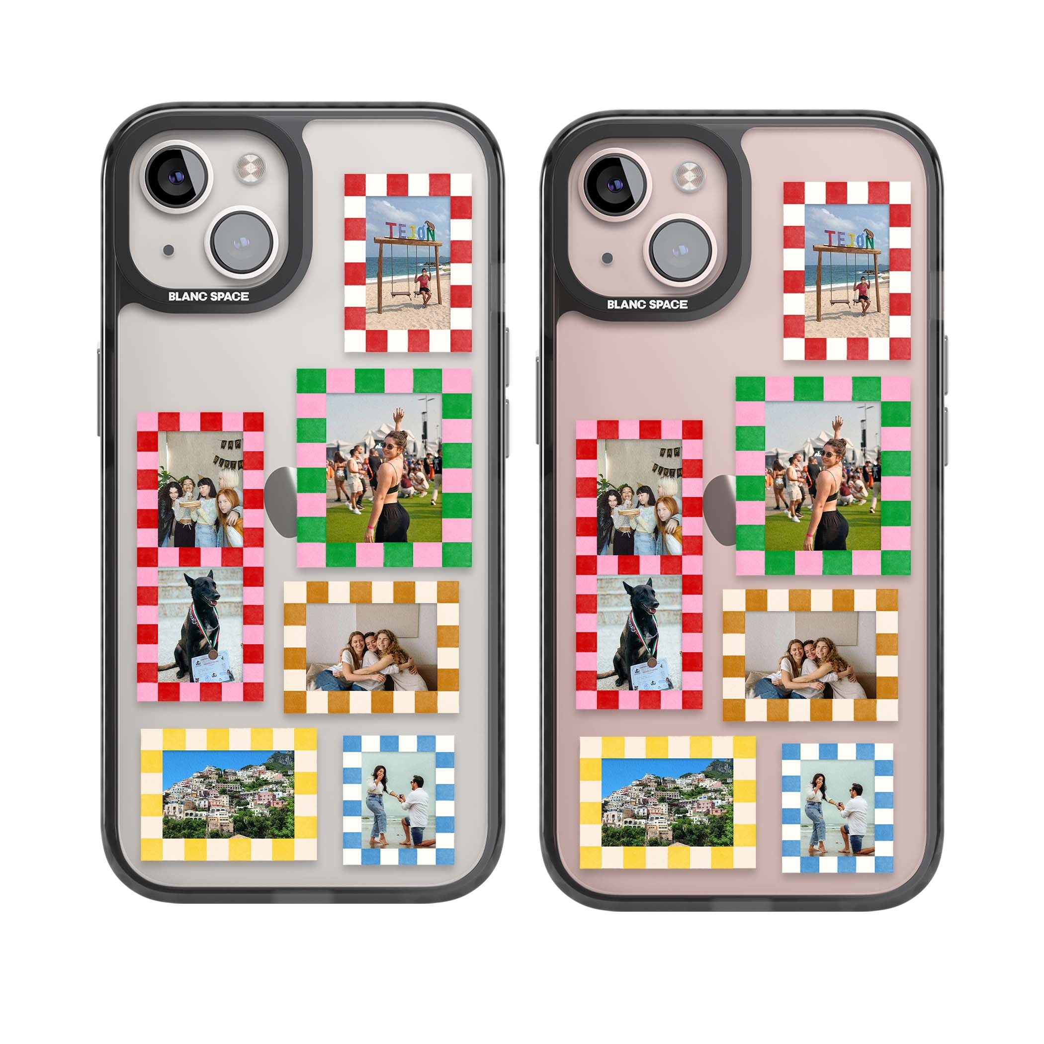 Italian Check Frames custom photo collage iPhone case featuring six checkered photo frames in red, green, pink and | Black Impact case for iPhone 13, iPhone 14, iPhone 15