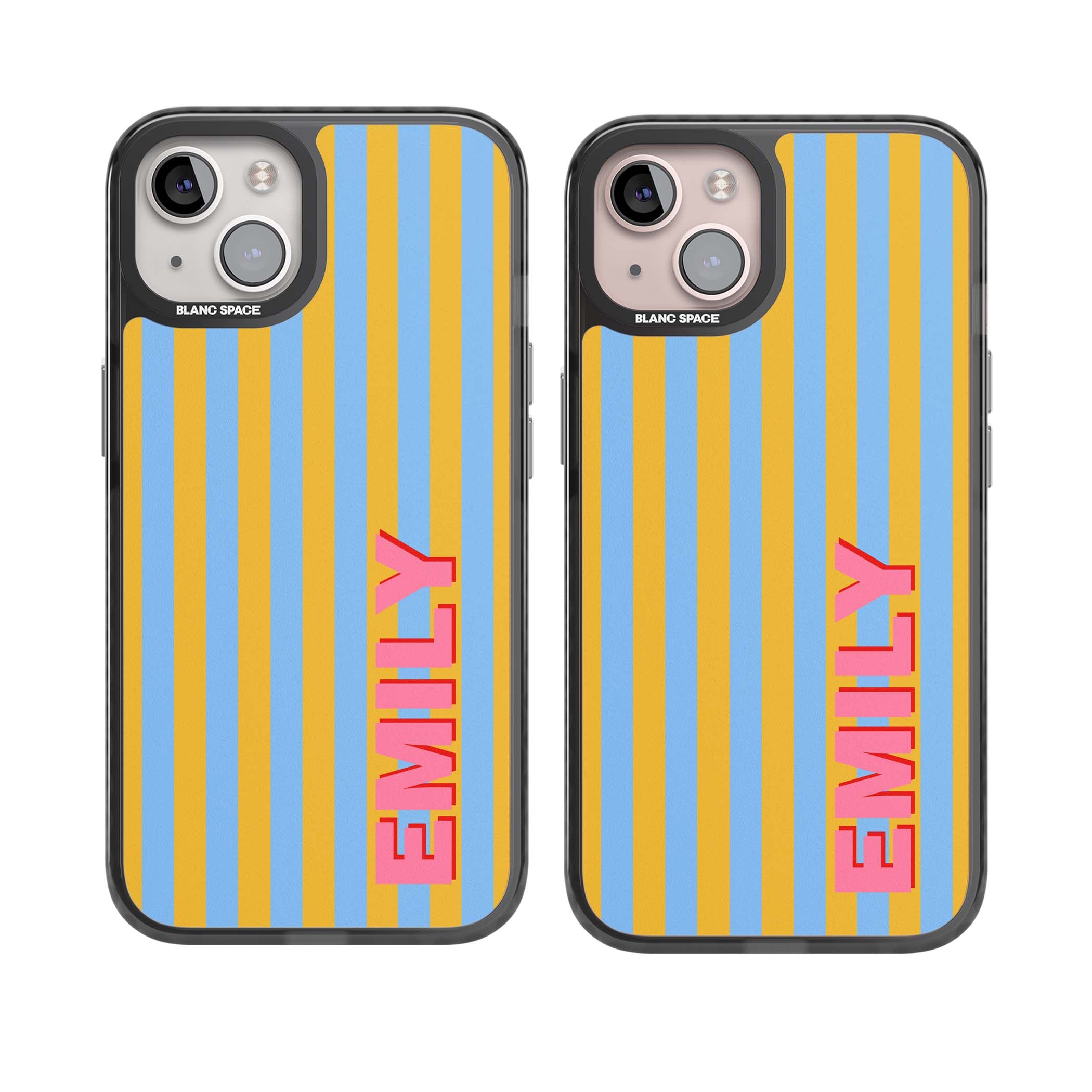 Carribean Stripe personalised coastal iPhone case with yellow and blue vertical stripes and a custom pink name | Black Impact case for iPhone 13, iPhone 14, iPhone 15