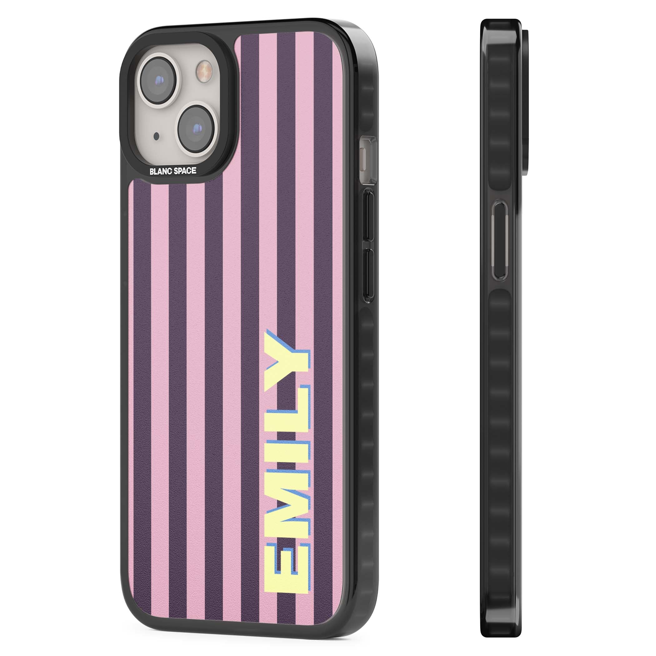 Tyre Stripe personalised stripe iPhone case with plum and pink vertical stripes and custom yellow name | Black Impact case for iPhone 13, iPhone 14, iPhone 15