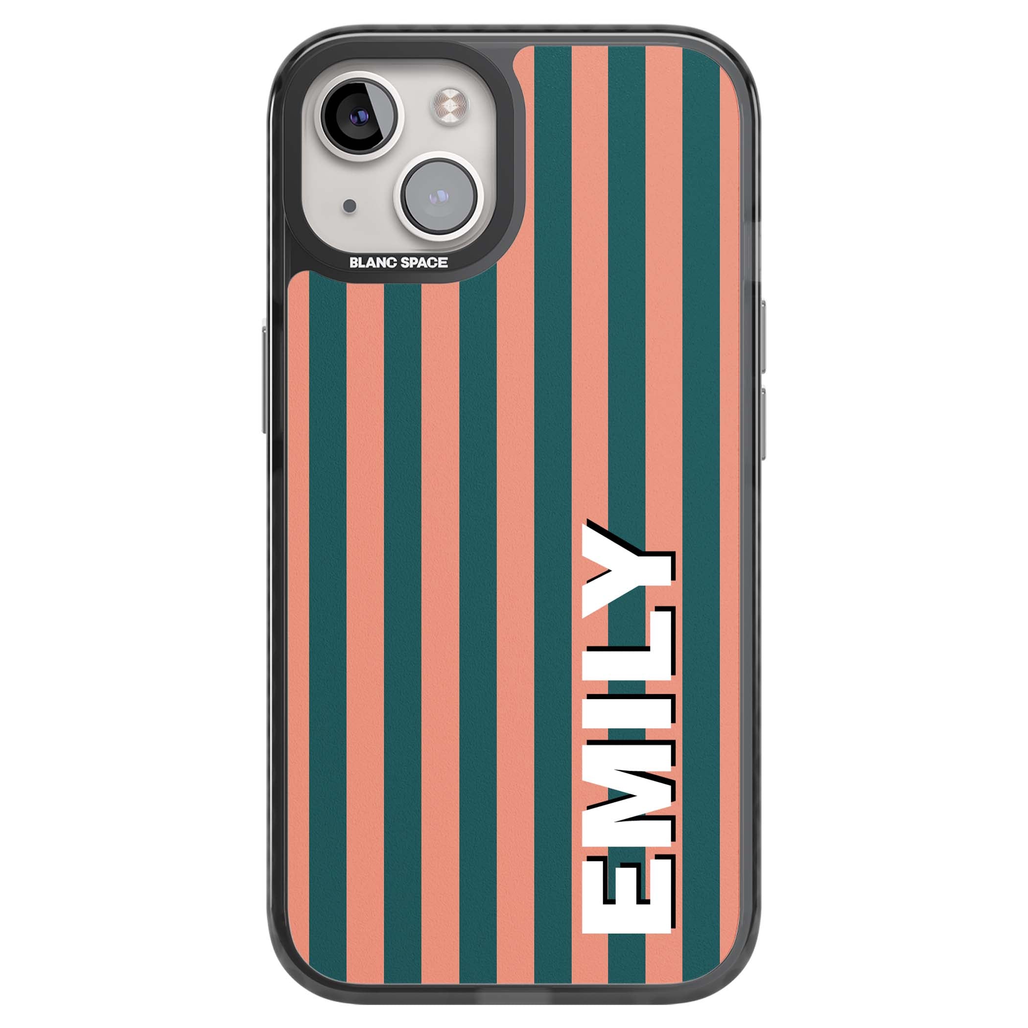 Tuscan Stripe personalised iPhone case featuring coral and green vertical stripes with bold custom name | Black Impact case for iPhone 13, iPhone 14, iPhone 15