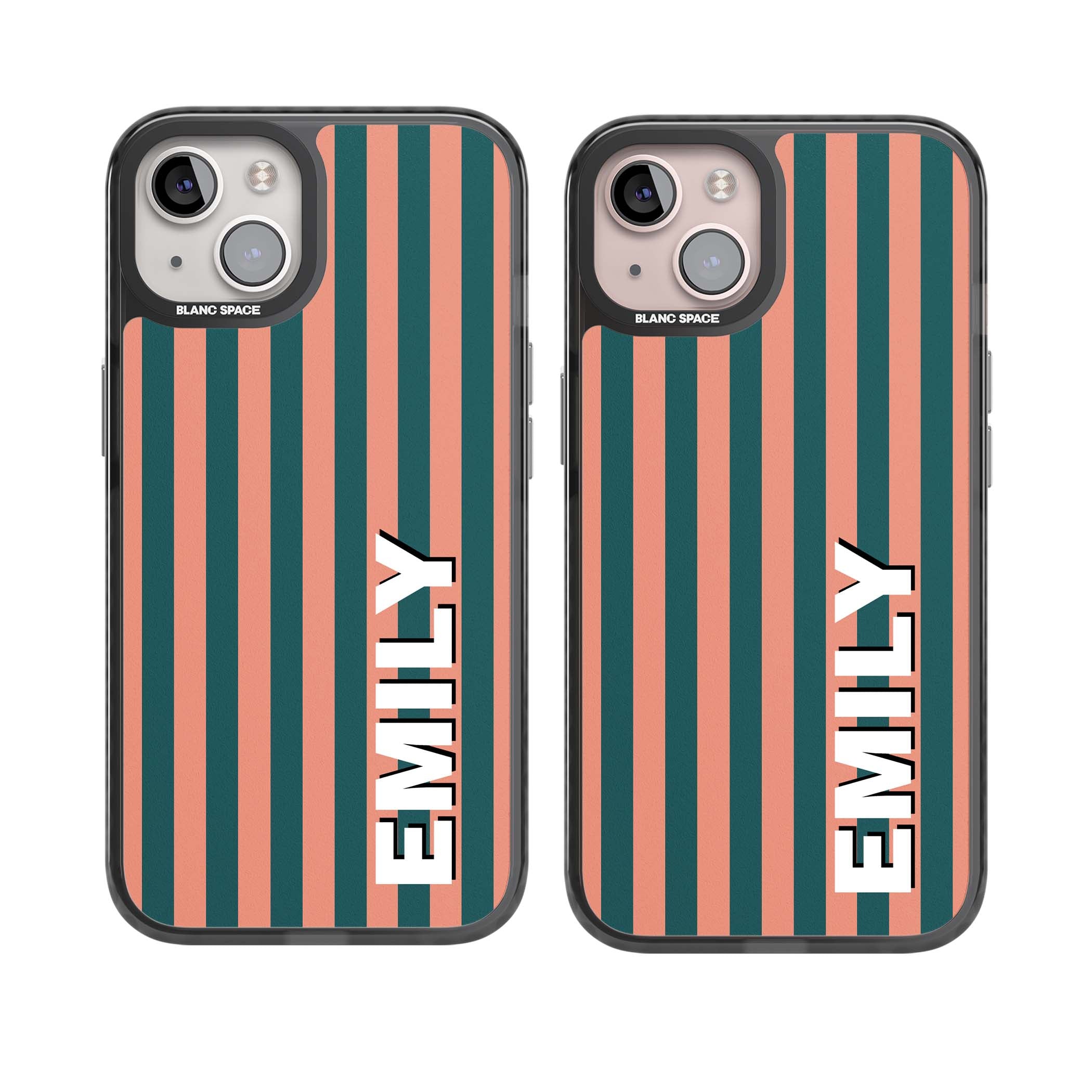 Tuscan Stripe personalised iPhone case featuring coral and green vertical stripes with bold custom name | Black Impact case for iPhone 13, iPhone 14, iPhone 15