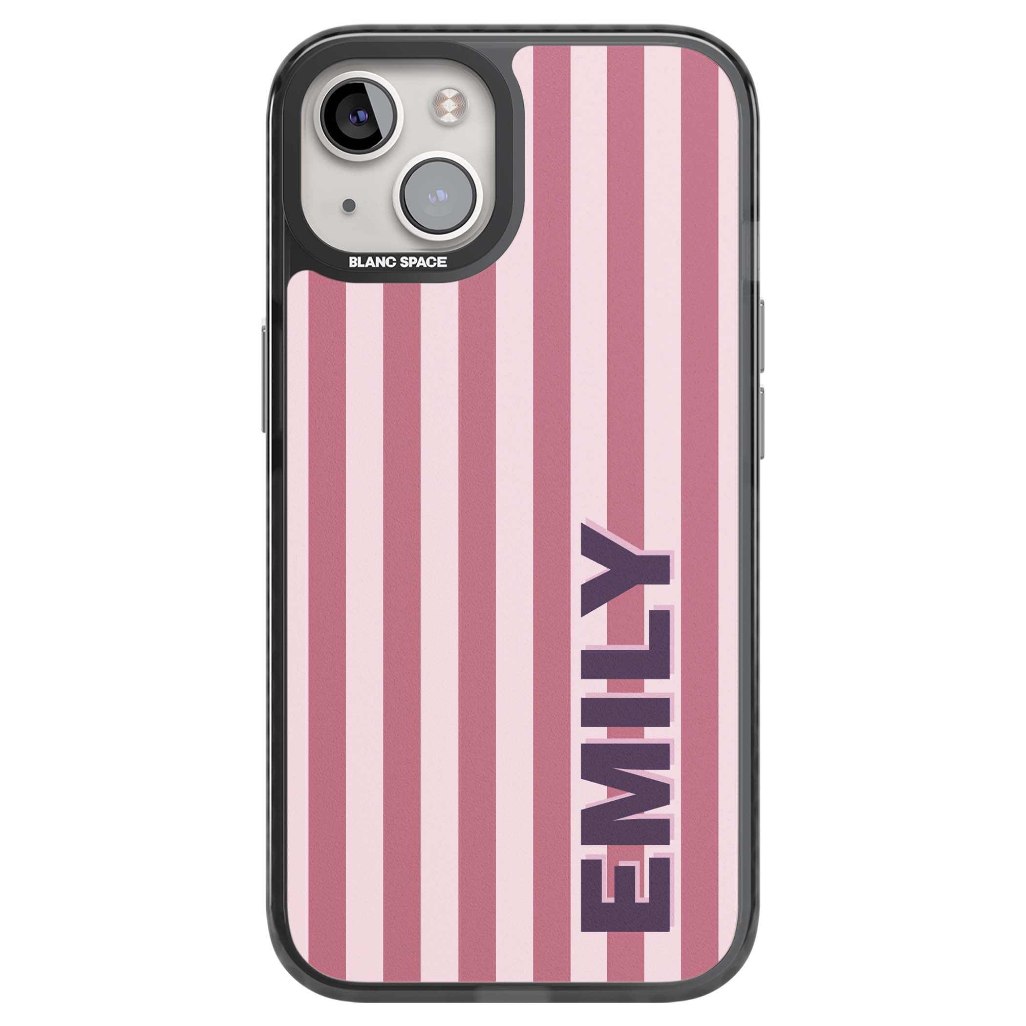 Victoria Stripe personalised iPhone case featuring pink vertical stripes and custom name in bold plum lettering | Black Impact case for iPhone 13, iPhone 14, iPhone 15
