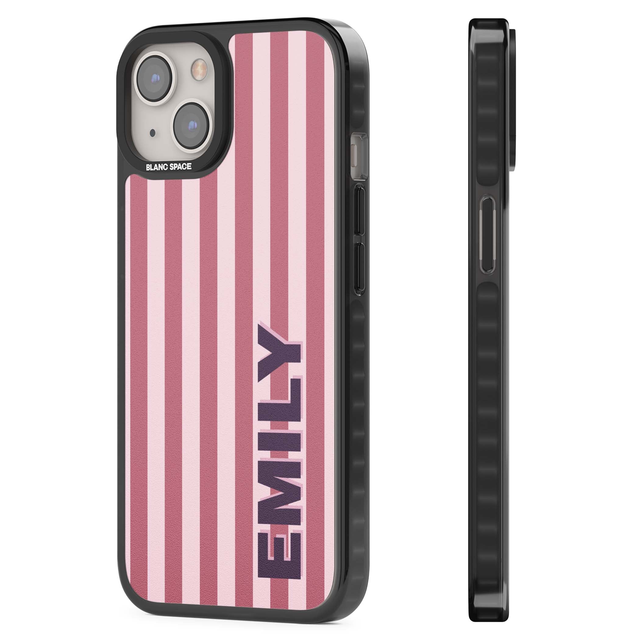 Victoria Stripe personalised iPhone case featuring pink vertical stripes and custom name in bold plum lettering | Black Impact case for iPhone 13, iPhone 14, iPhone 15