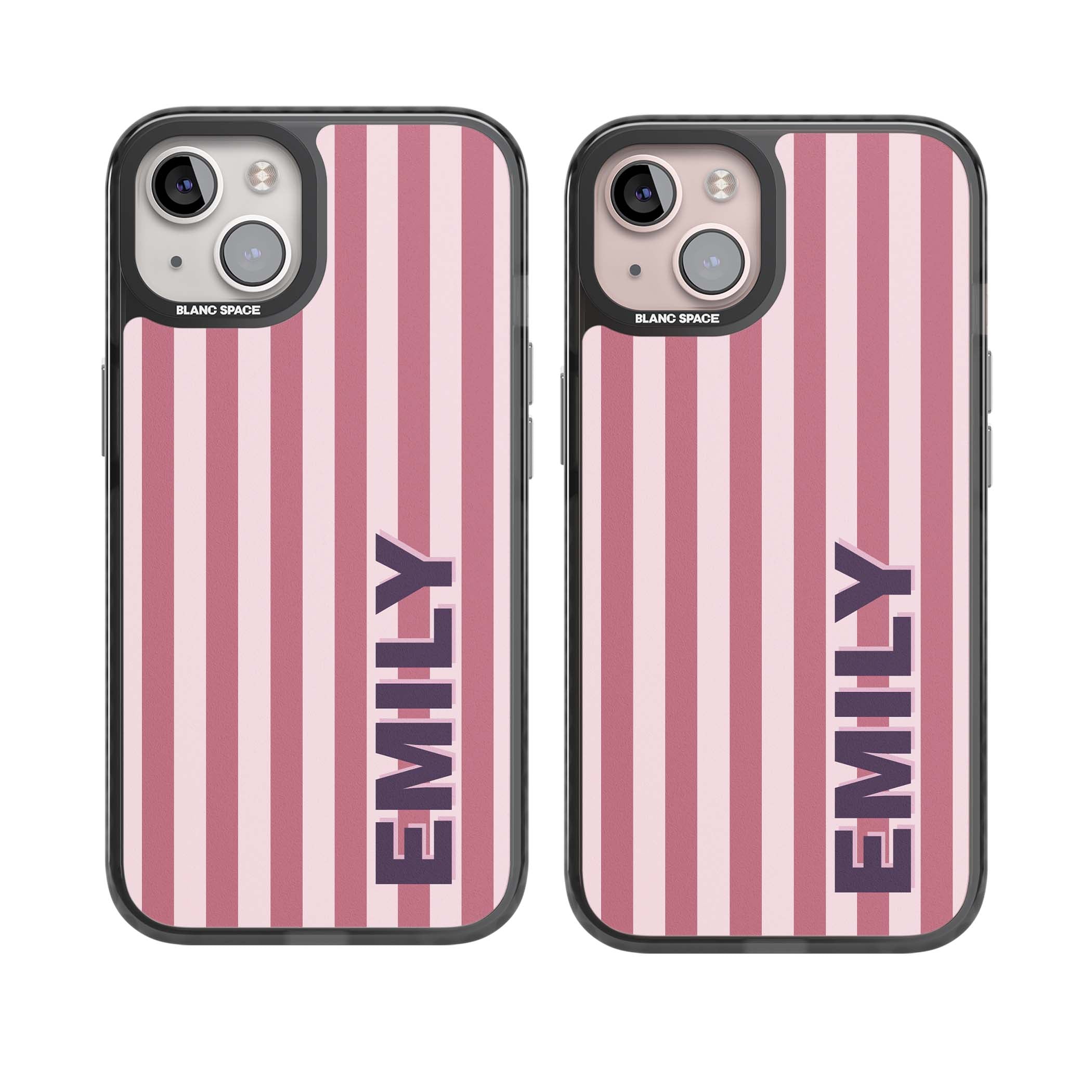 Victoria Stripe personalised iPhone case featuring pink vertical stripes and custom name in bold plum lettering | Black Impact case for iPhone 13, iPhone 14, iPhone 15
