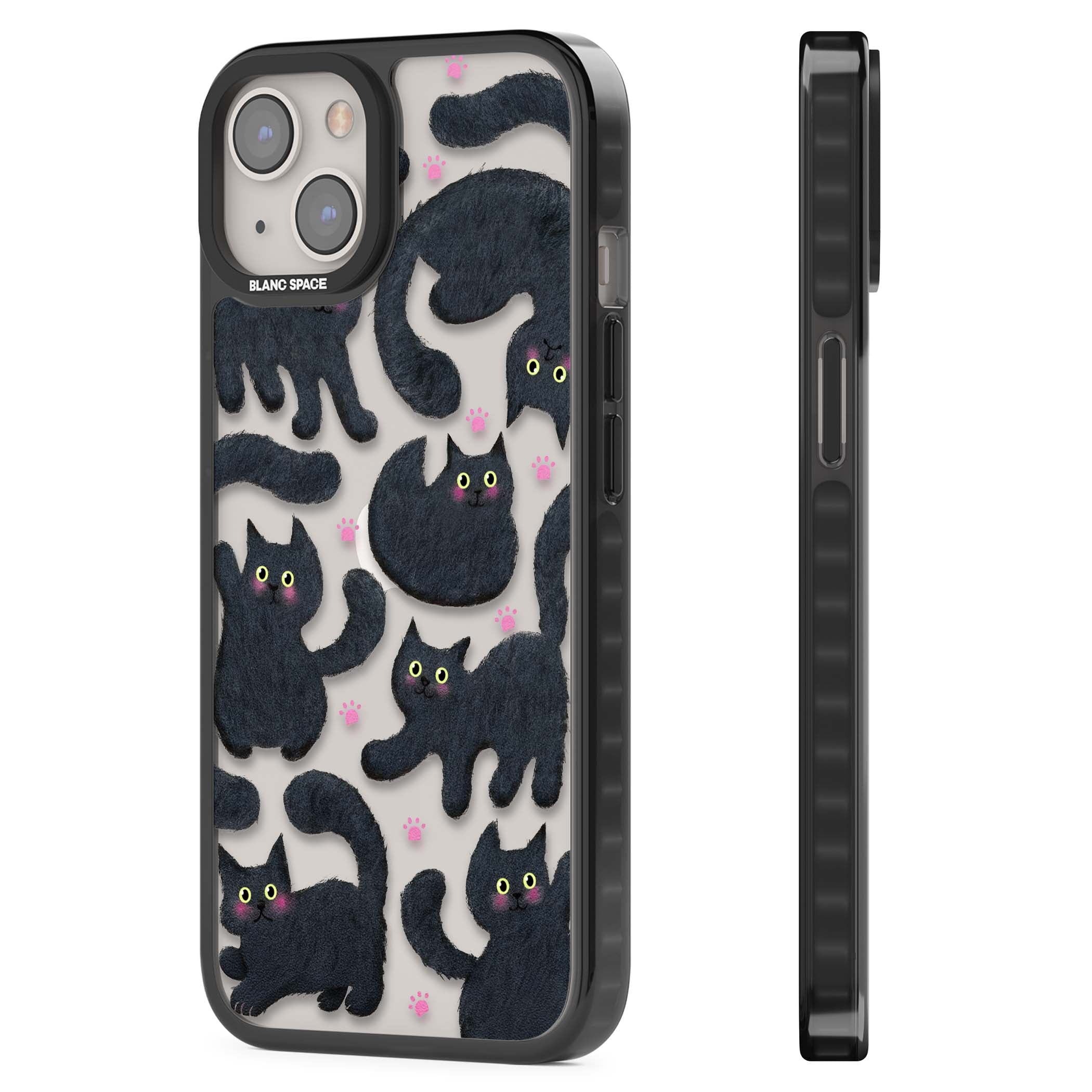 Midnight Cats cute iPhone case featuring black cat pattern with yellow eyes and pink paw prints | Black Impact case for iPhone 13, iPhone 14, iPhone 15