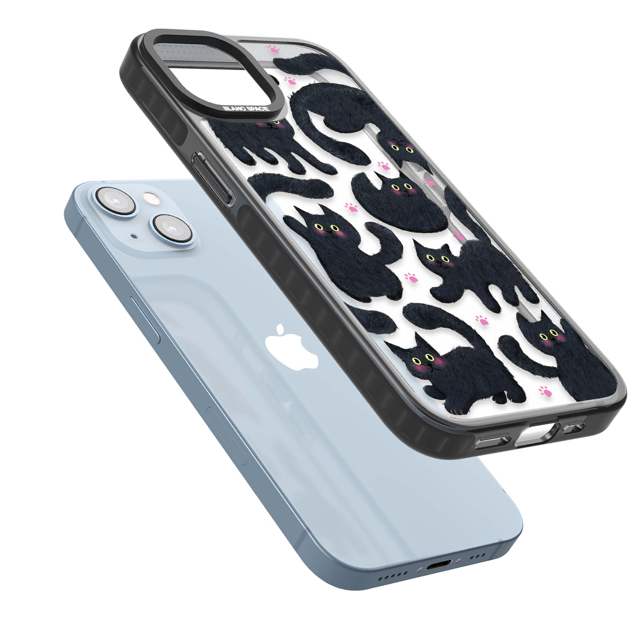 Midnight Cats cute iPhone case featuring black cat pattern with yellow eyes and pink paw prints | Black Impact case for iPhone 13, iPhone 14, iPhone 15