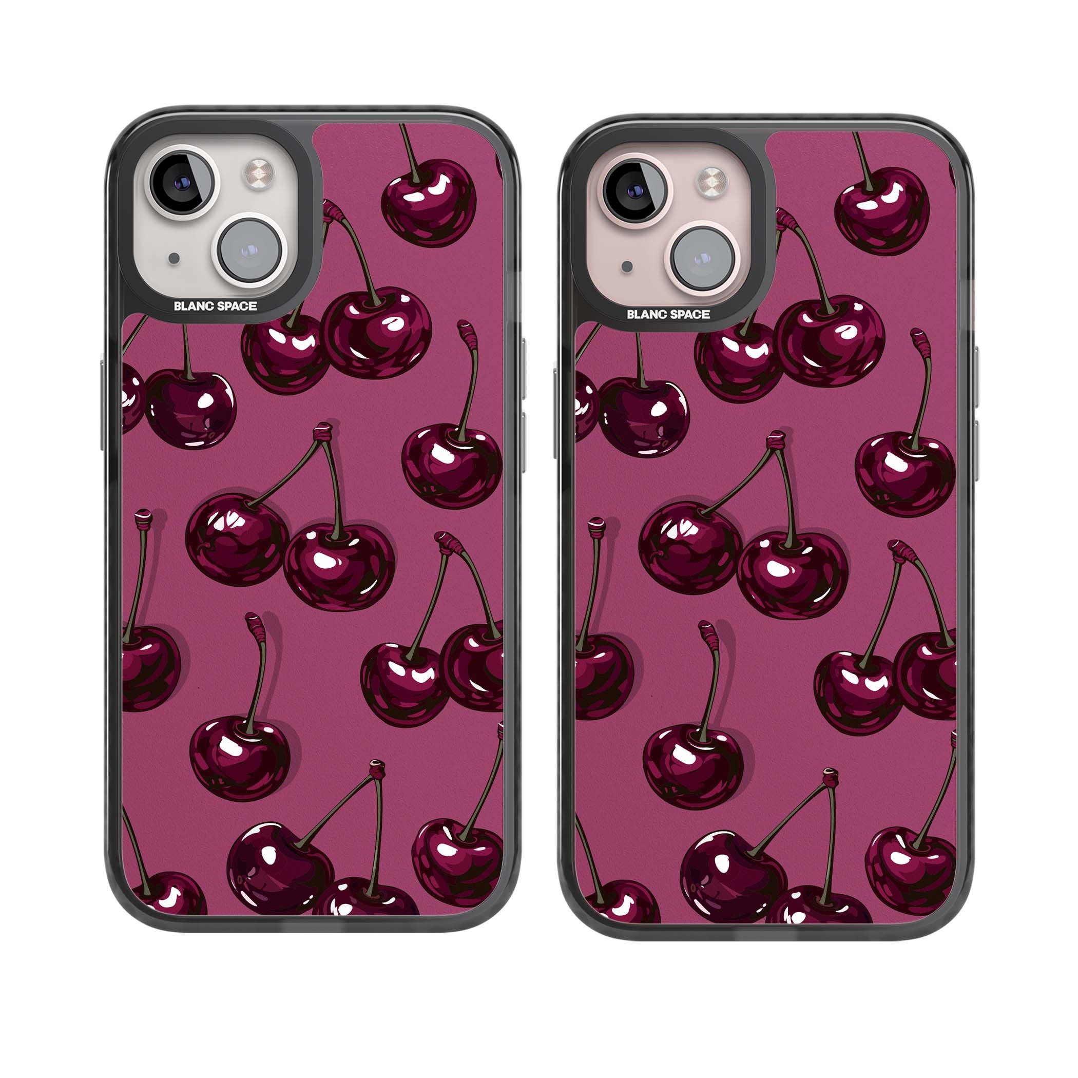Cherry Soda coquette iPhone case featuring glossy burgundy cherries on a dusty pink background | Black Impact case for iPhone 13, iPhone 14, iPhone 15