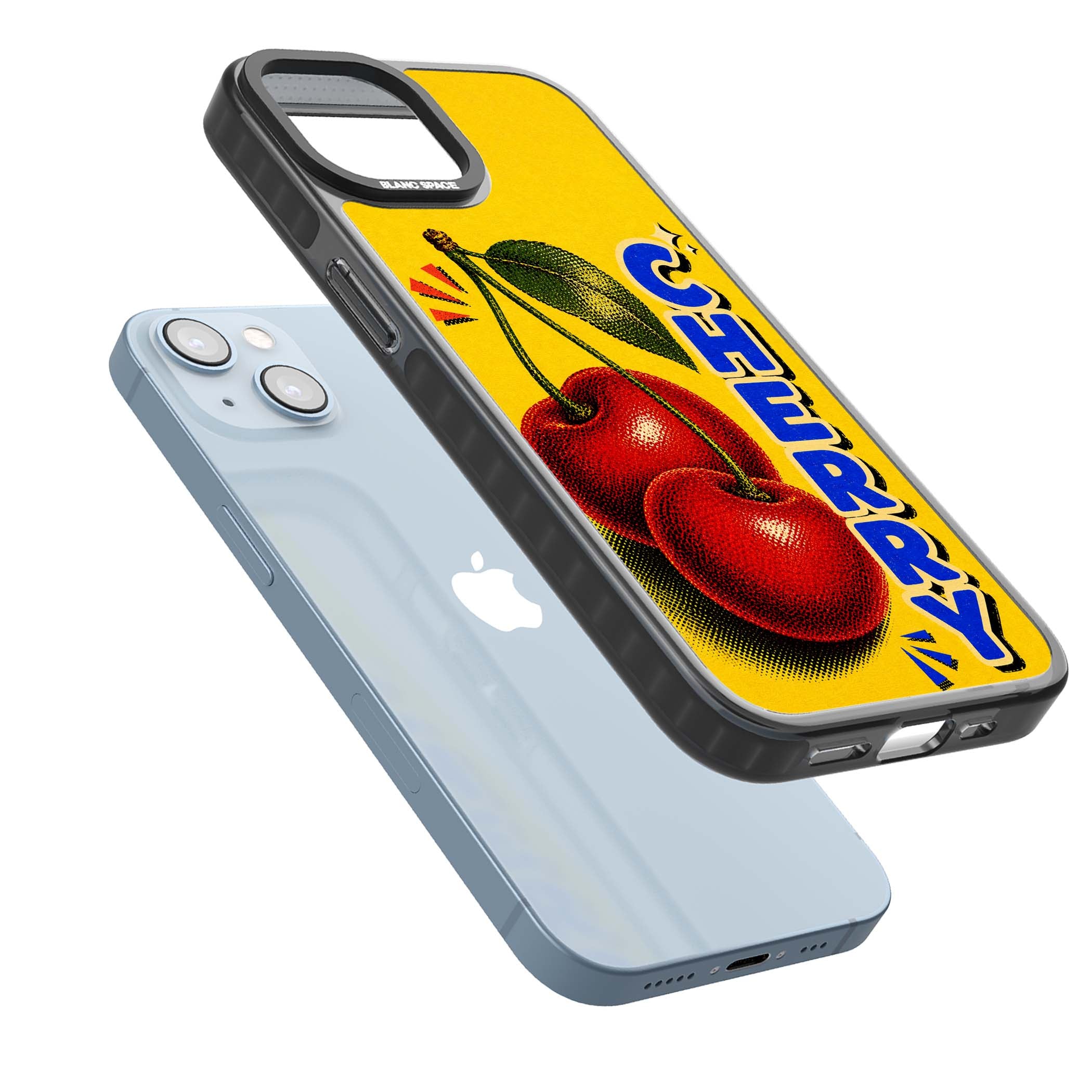 Cherry Yellow y2k iPhone case featuring two red cherries, halftone shading and bold blue CHERRY lettering on yellow | Black Impact case for iPhone 13, iPhone 14, iPhone 15