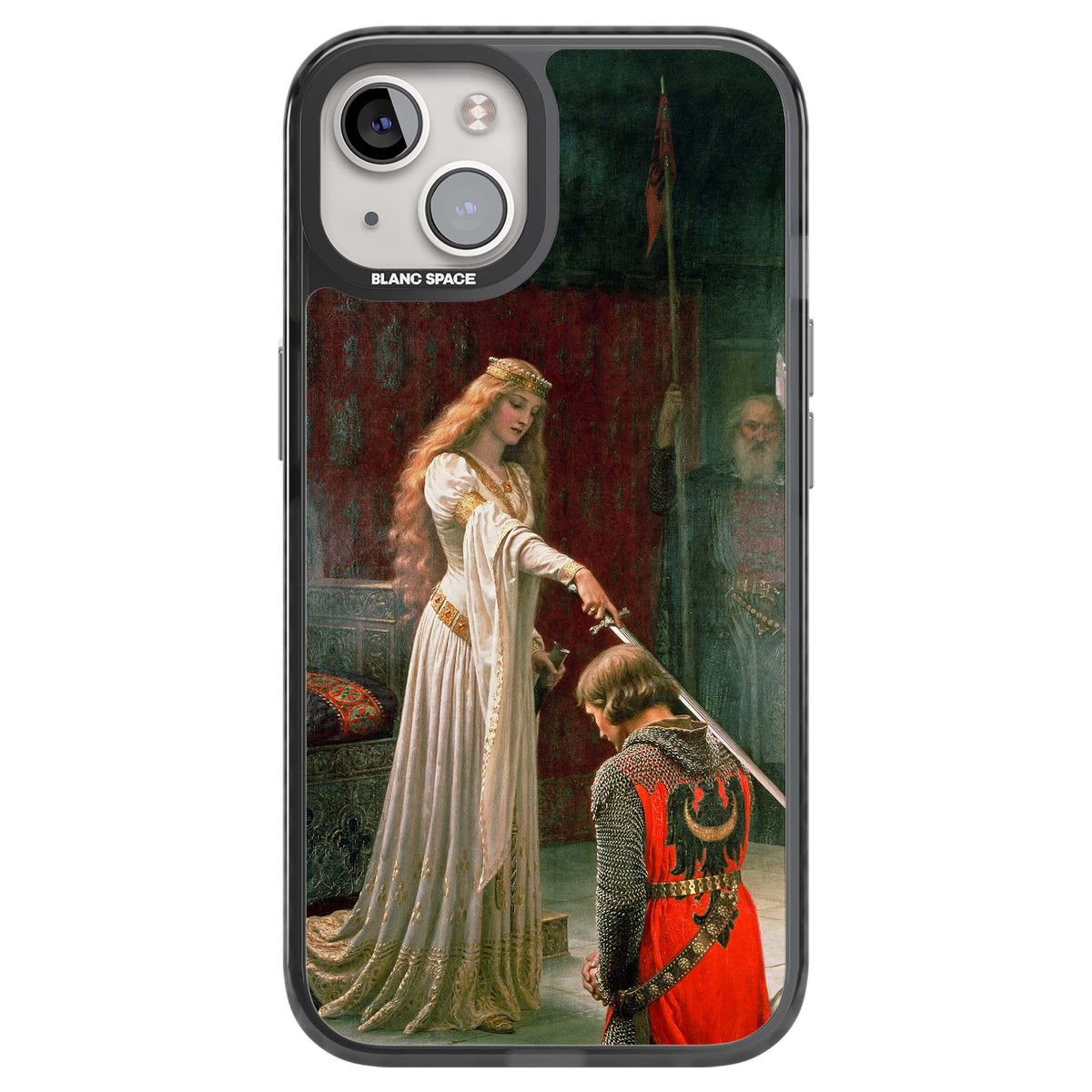 The Accolade renaissance art iPhone case featuring Edmund Blair Leighton's painting of a queen knighting a kneeling knight | Black Impact case for iPhone 13, iPhone 14, iPhone 15