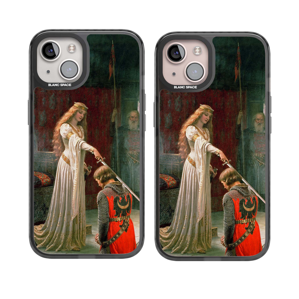 The Accolade renaissance art iPhone case featuring Edmund Blair Leighton's painting of a queen knighting a kneeling knight | Black Impact case for iPhone 13, iPhone 14, iPhone 15
