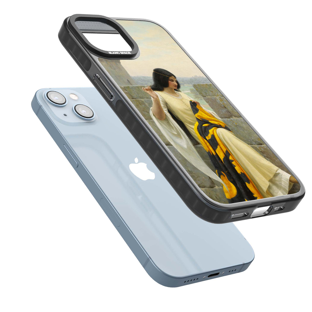 Stitching the Standard renaissance art iPhone case featuring a medieval lady sewing a golden banner on a castle wall | Black Impact case for iPhone 13, iPhone 14, iPhone 15