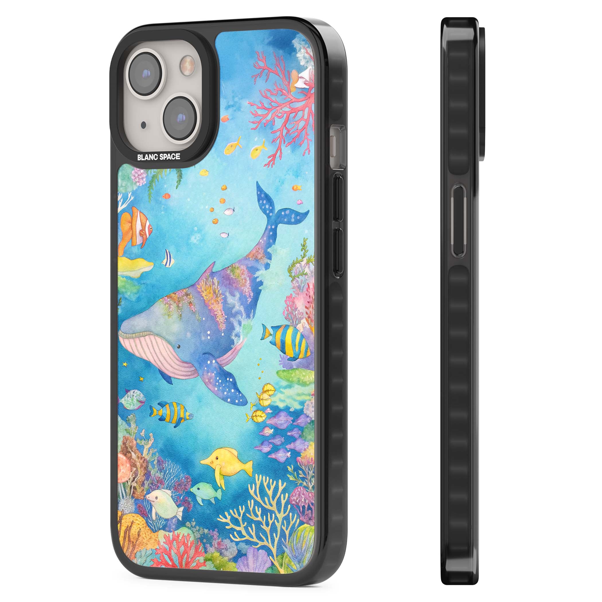 Coral Lagoon ocean iPhone case featuring a watercolour whale, coral reef and tropical fish | Black Impact case for iPhone 13, iPhone 14, iPhone 15