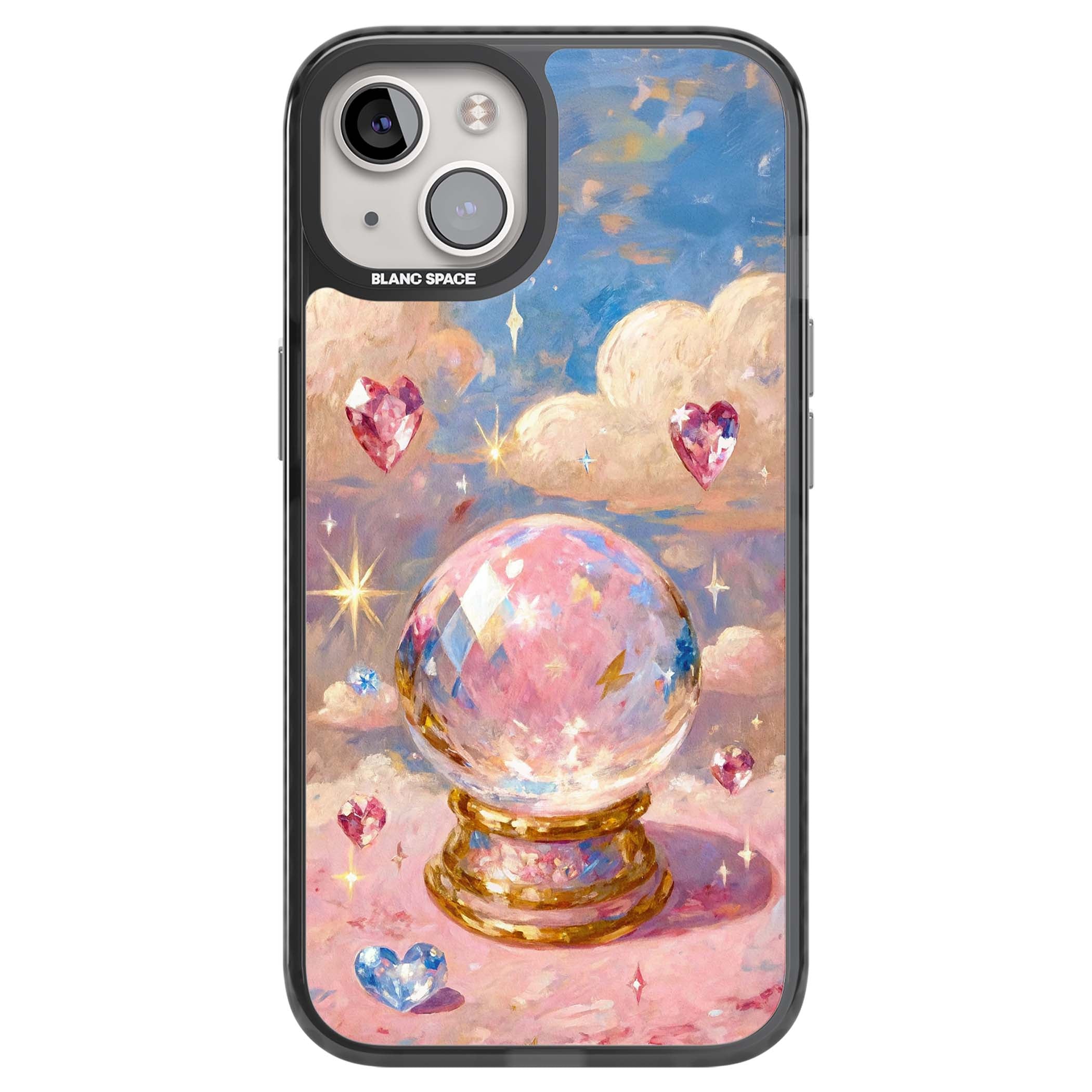 Crystal Ball fairycore iPhone case featuring a painted crystal ball, heart gemstones, and pastel clouds | Black Impact case for iPhone 13, iPhone 14, iPhone 15