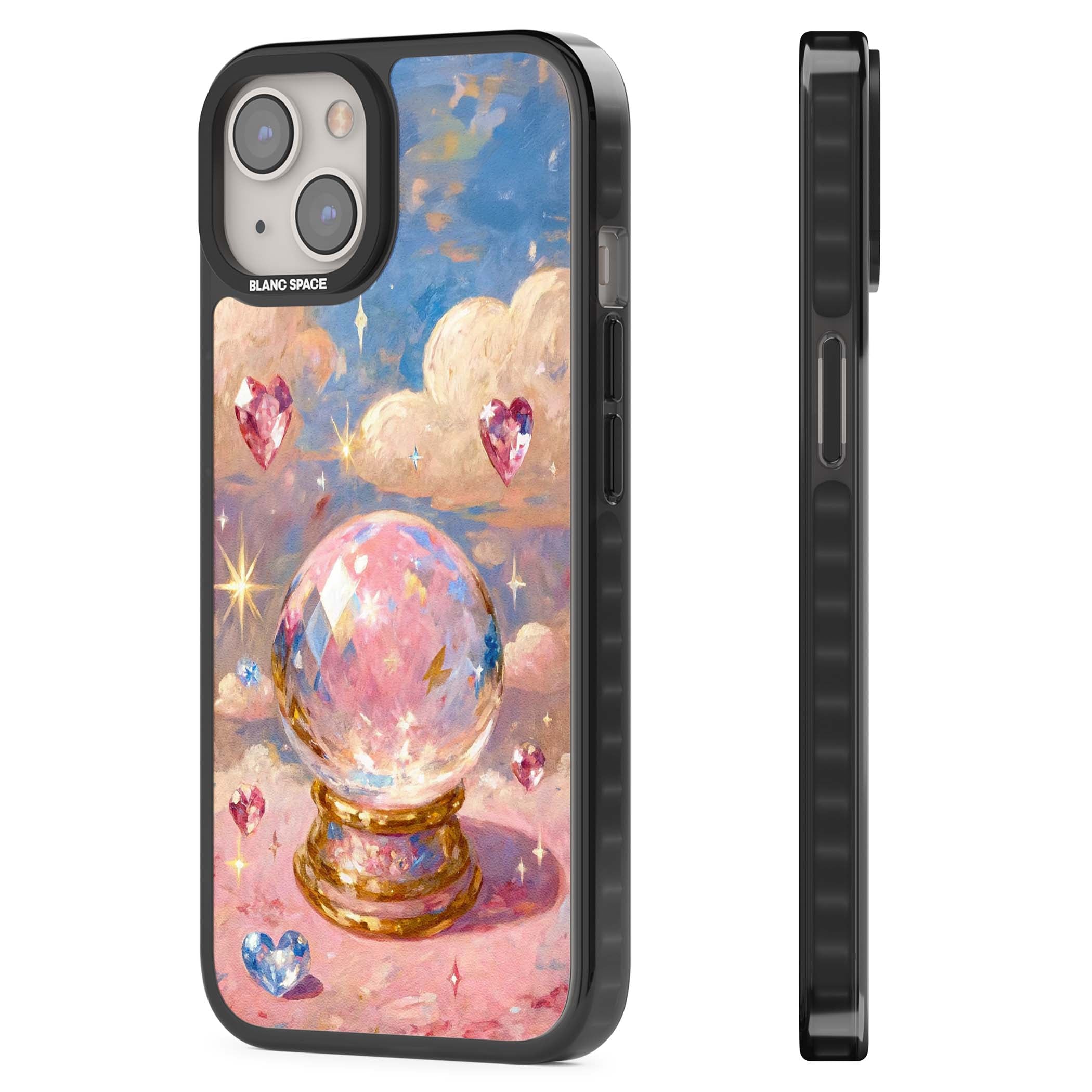 Crystal Ball fairycore iPhone case featuring a painted crystal ball, heart gemstones, and pastel clouds | Black Impact case for iPhone 13, iPhone 14, iPhone 15