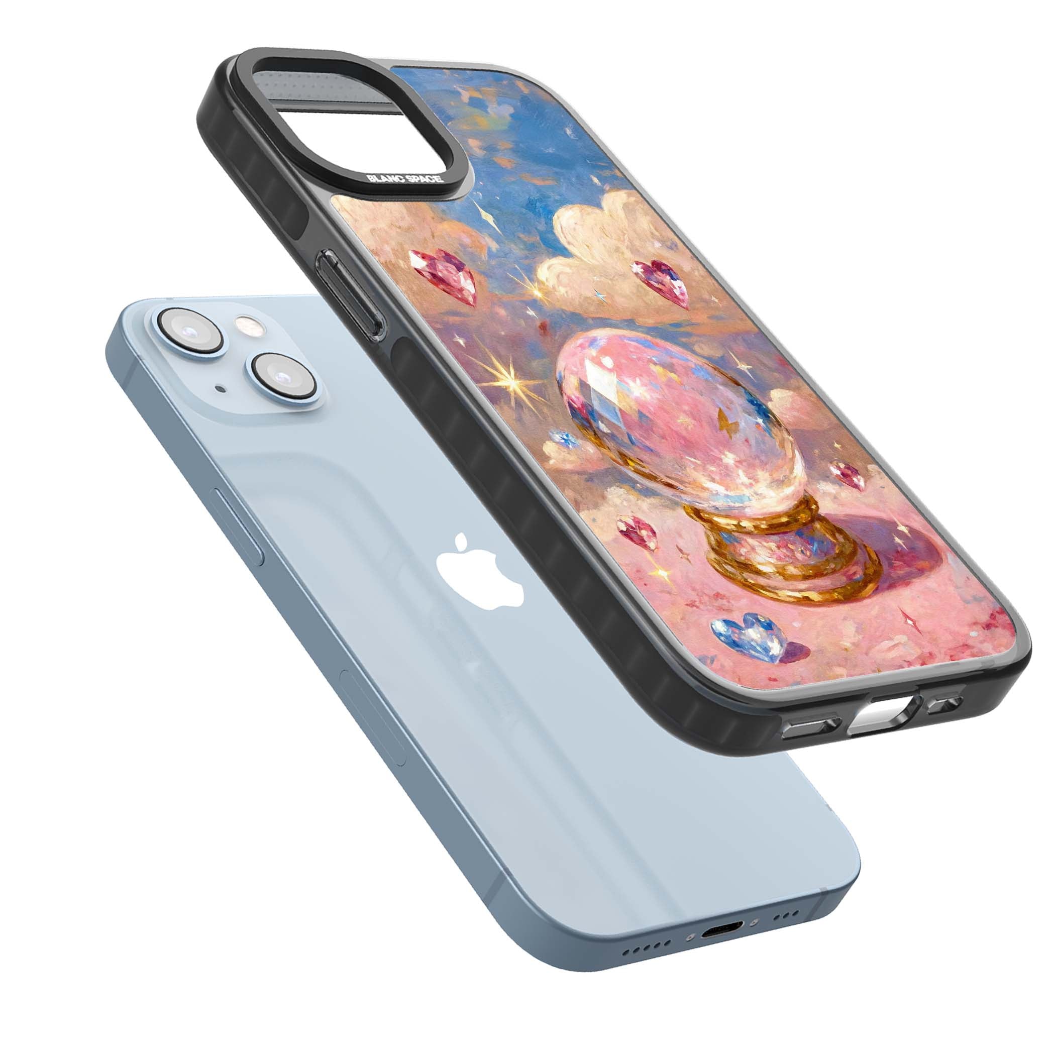 Crystal Ball fairycore iPhone case featuring a painted crystal ball, heart gemstones, and pastel clouds | Black Impact case for iPhone 13, iPhone 14, iPhone 15