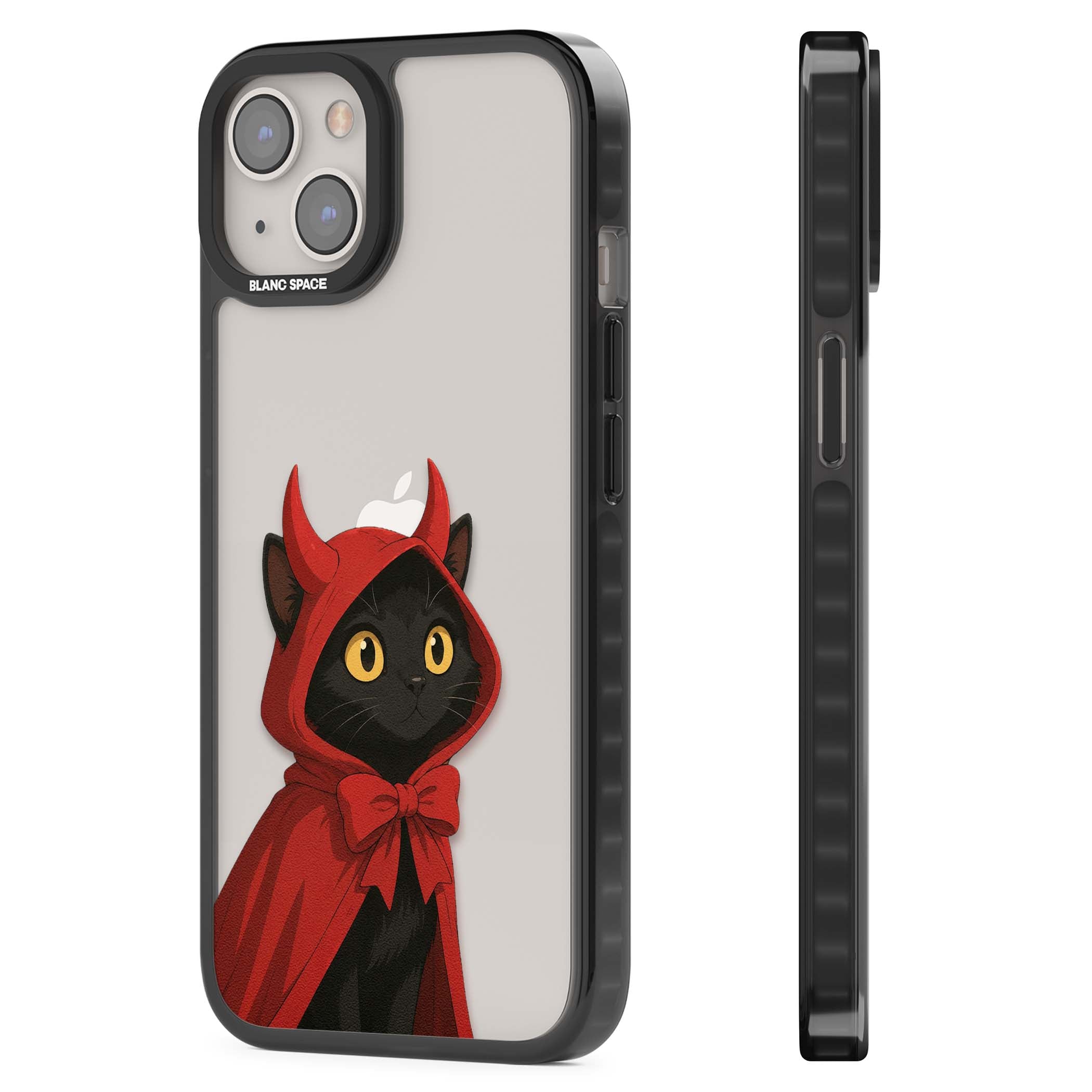 Little Devil halloween iPhone case featuring a black cat in a red hooded devil cloak with horns and golden eyes | Black Impact case for iPhone 13, iPhone 14, iPhone 15