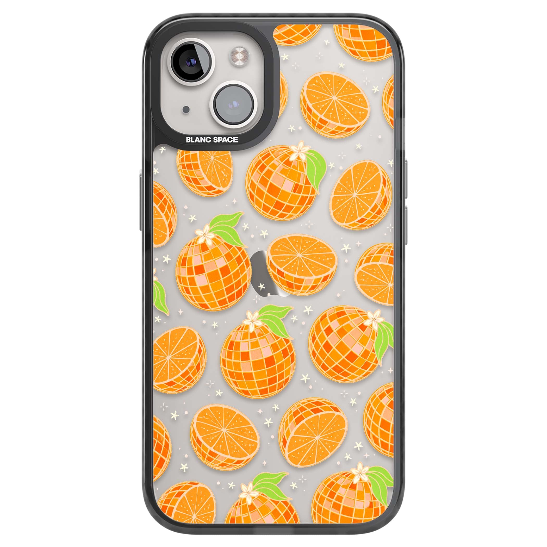 Disco Oranges retro iPhone case featuring mirrorball oranges, citrus slices and tiny blossoms on clear | Black Impact case for iPhone 13, iPhone 14, iPhone 15