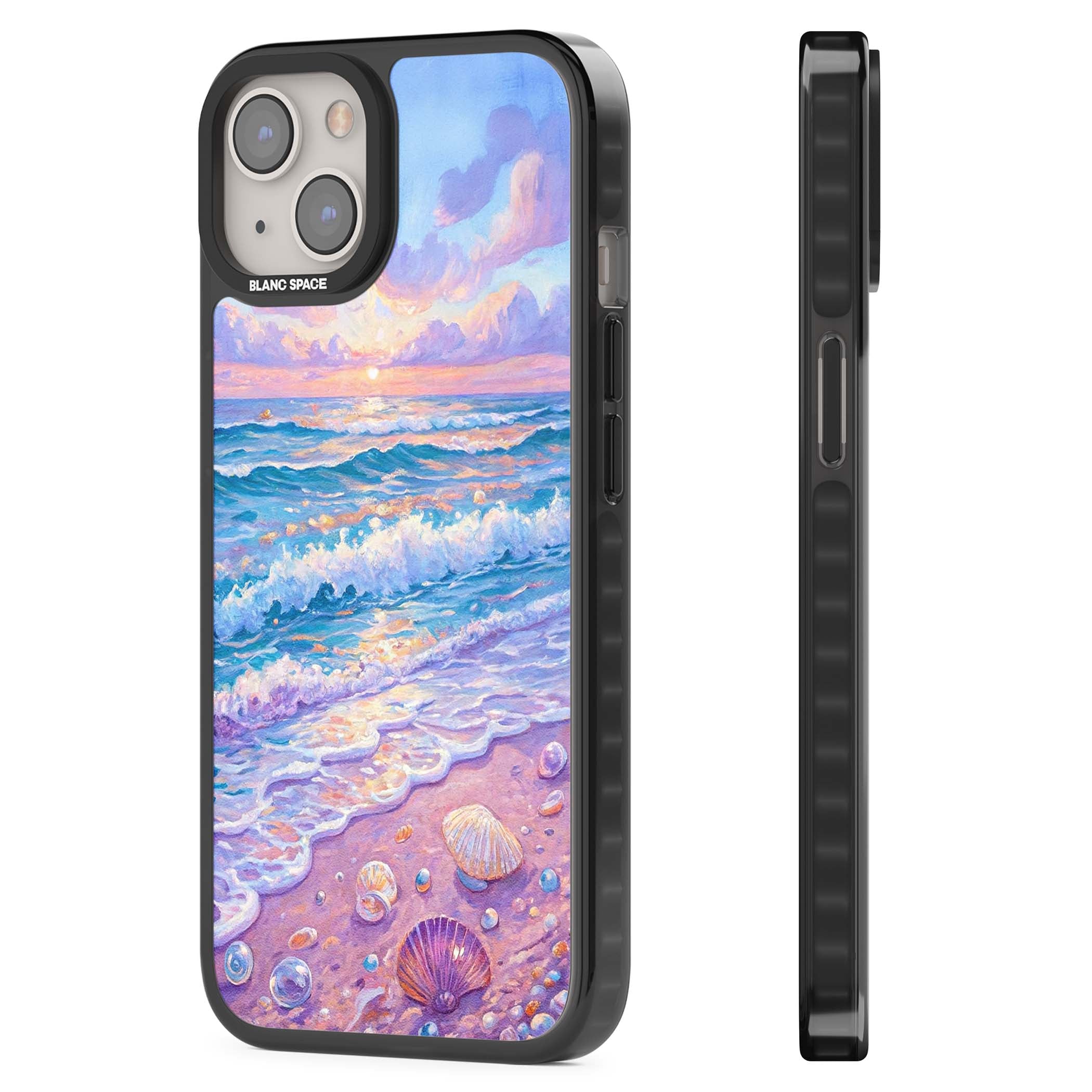 Pearl Shore coastal iPhone case featuring pastel painted waves, seashells, and a sunrise sky over a lavender beach. | Black Impact case for iPhone 13, iPhone 14, iPhone 15