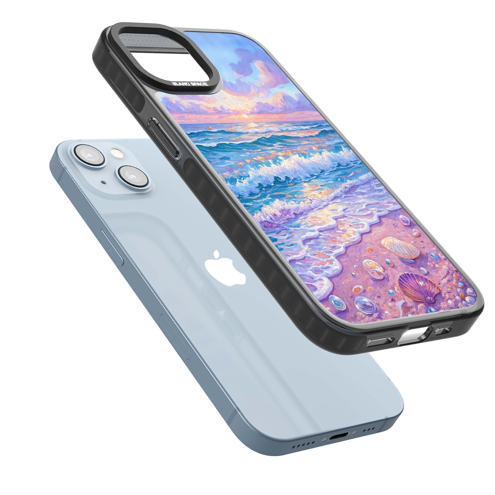 Pearl Shore coastal iPhone case featuring pastel painted waves, seashells, and a sunrise sky over a lavender beach. | Black Impact case for iPhone 13, iPhone 14, iPhone 15