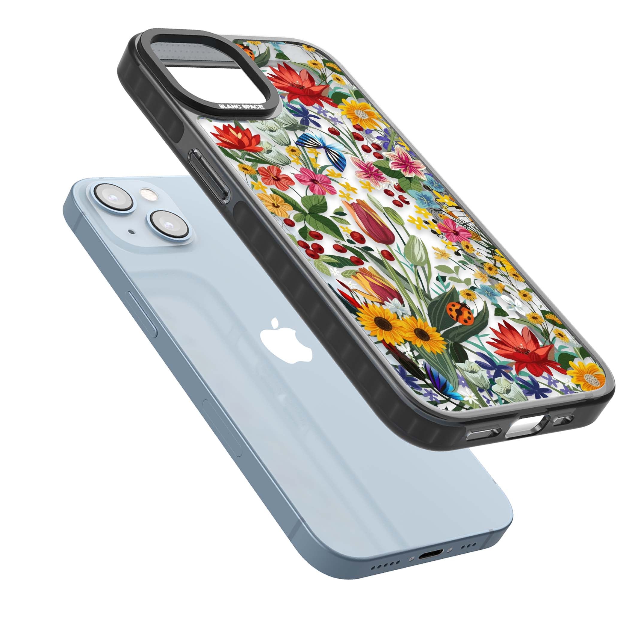 Botanical Bloom cottagecore iPhone case featuring colorful wildflowers, sunflowers, and ladybugs on clear background | Black Impact case for iPhone 13, iPhone 14, iPhone 15