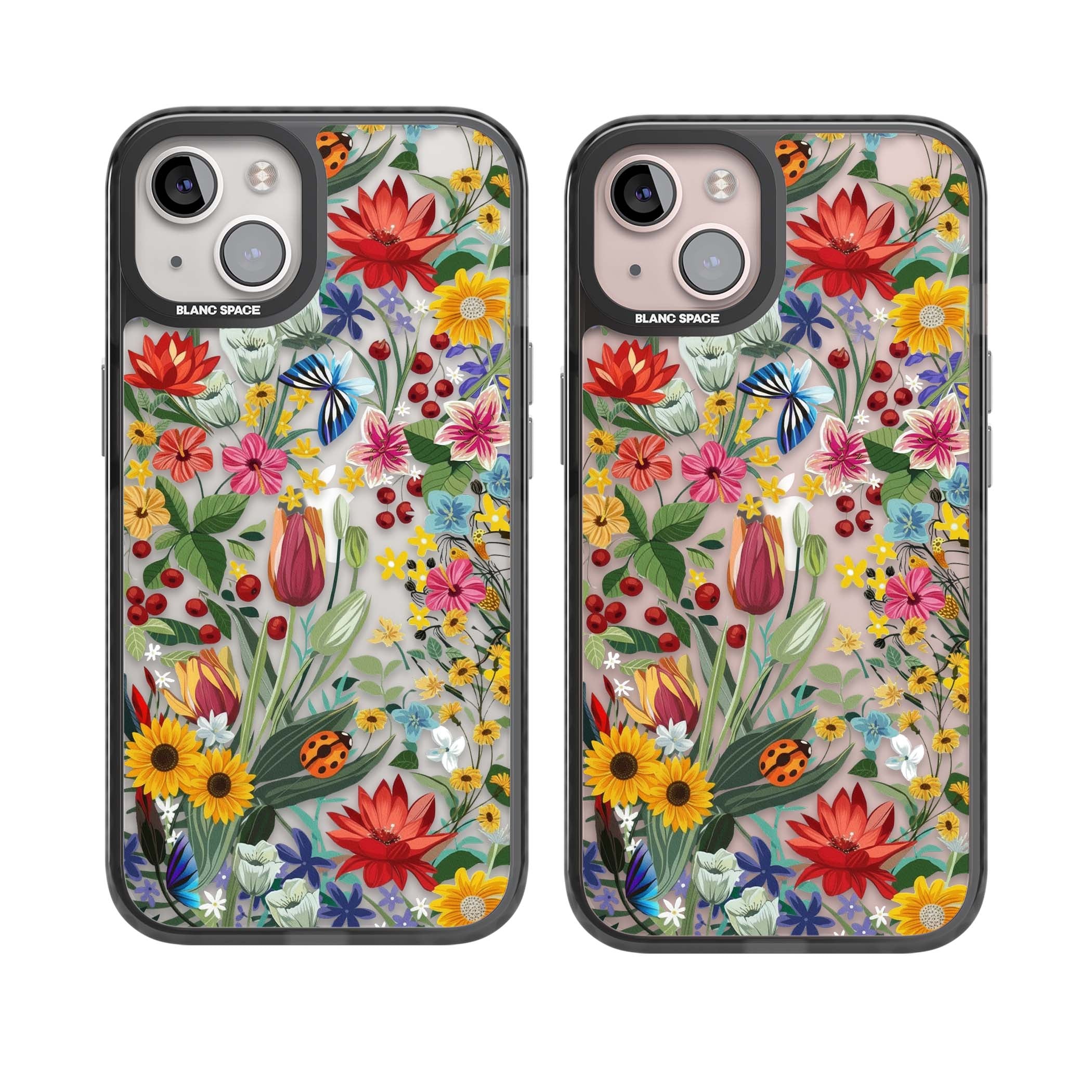 Botanical Bloom cottagecore iPhone case featuring colorful wildflowers, sunflowers, and ladybugs on clear background | Black Impact case for iPhone 13, iPhone 14, iPhone 15
