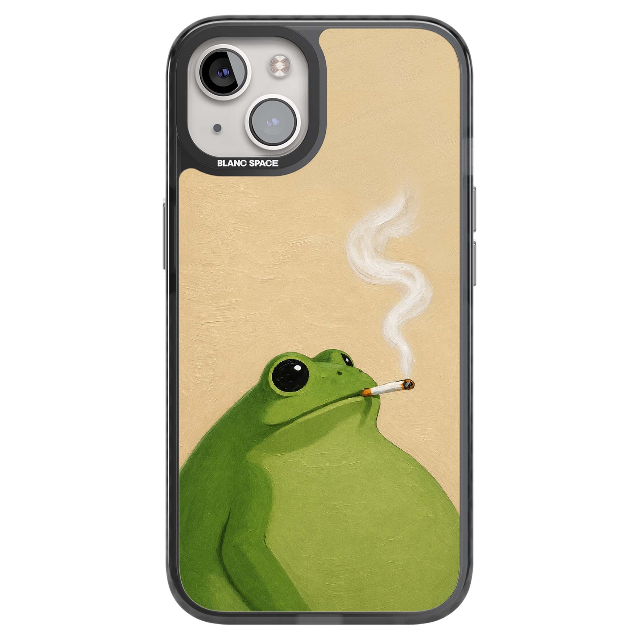 The Smoking Frog cottagecore iPhone case featuring a hand-painted green frog smoking a cigarette on a cream oil painting back | Black Impact case for iPhone 13, iPhone 14, iPhone 15