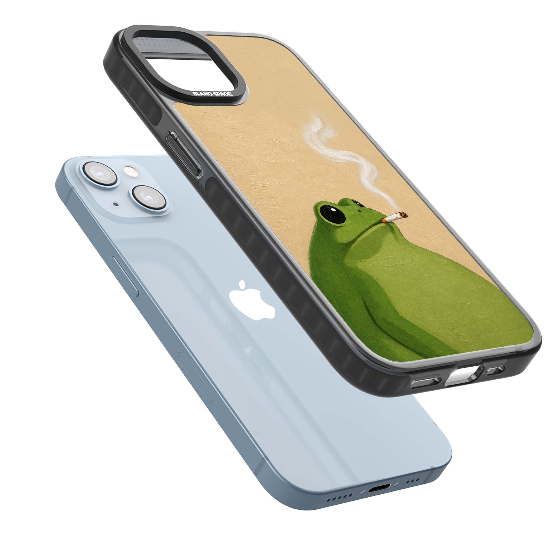 The Smoking Frog cottagecore iPhone case featuring a hand-painted green frog smoking a cigarette on a cream oil painting back | Black Impact case for iPhone 13, iPhone 14, iPhone 15