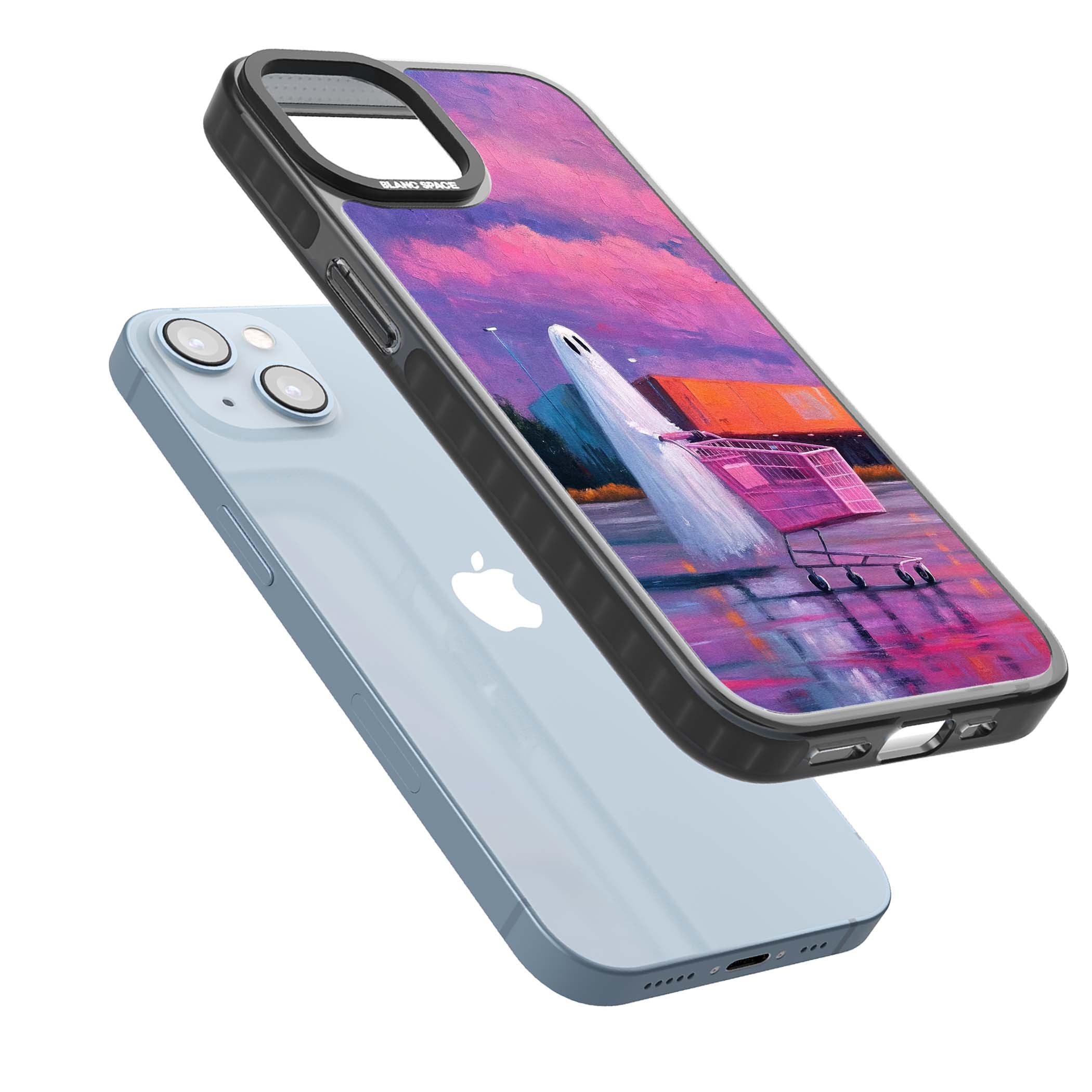 A Ghost's Errand ghost halloween iPhone case featuring a painted ghost, pink shopping trolley and purple sunset sky | Black Impact case for iPhone 13, iPhone 14, iPhone 15