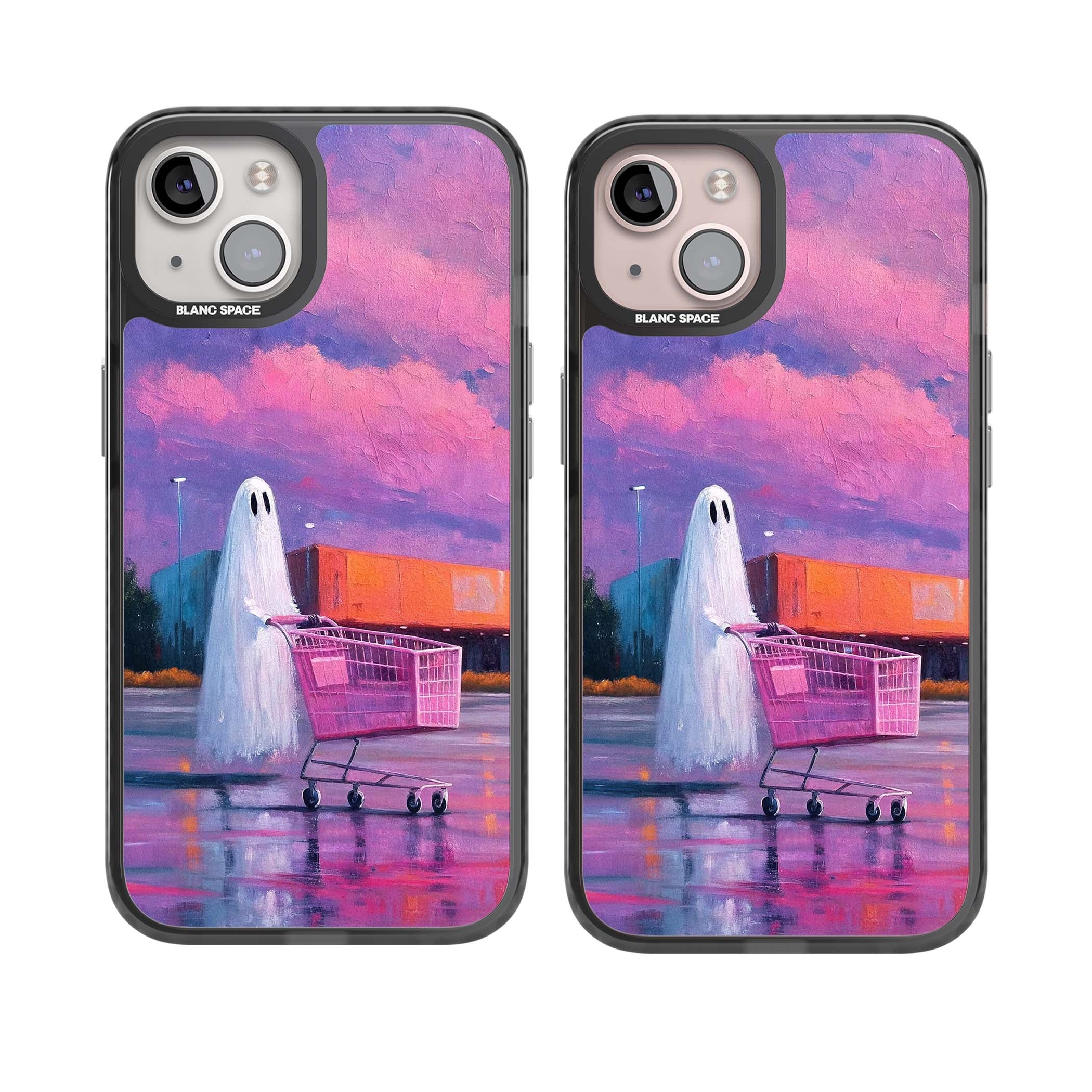 A Ghost's Errand ghost halloween iPhone case featuring a painted ghost, pink shopping trolley and purple sunset sky | Black Impact case for iPhone 13, iPhone 14, iPhone 15